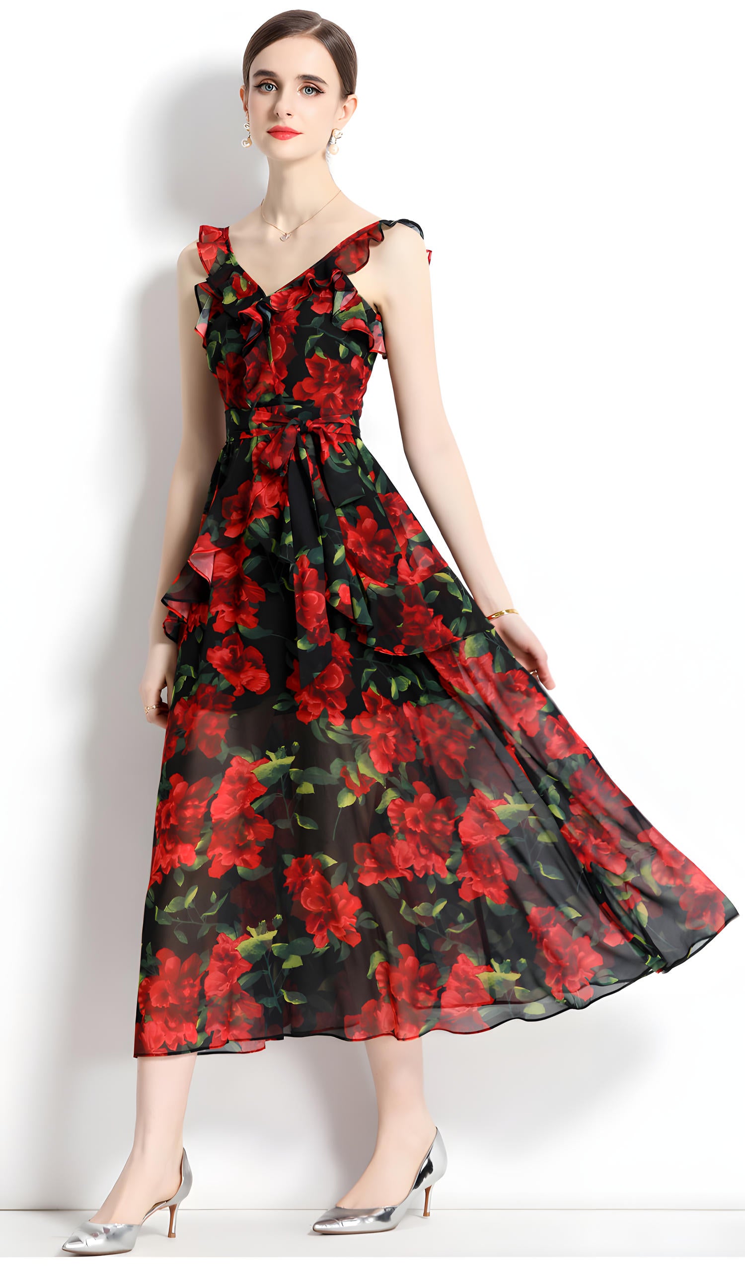 Printed Chiffon Floral Long Skirt Beach Vacation Suspender Dress With Wrap Up Belt - 715132626392_BAS