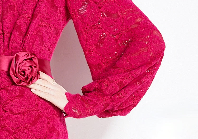 French Lace Long Sleeve V Neck Front Slit Body-fit Dress With Rose Belt - 750531237798_ROS