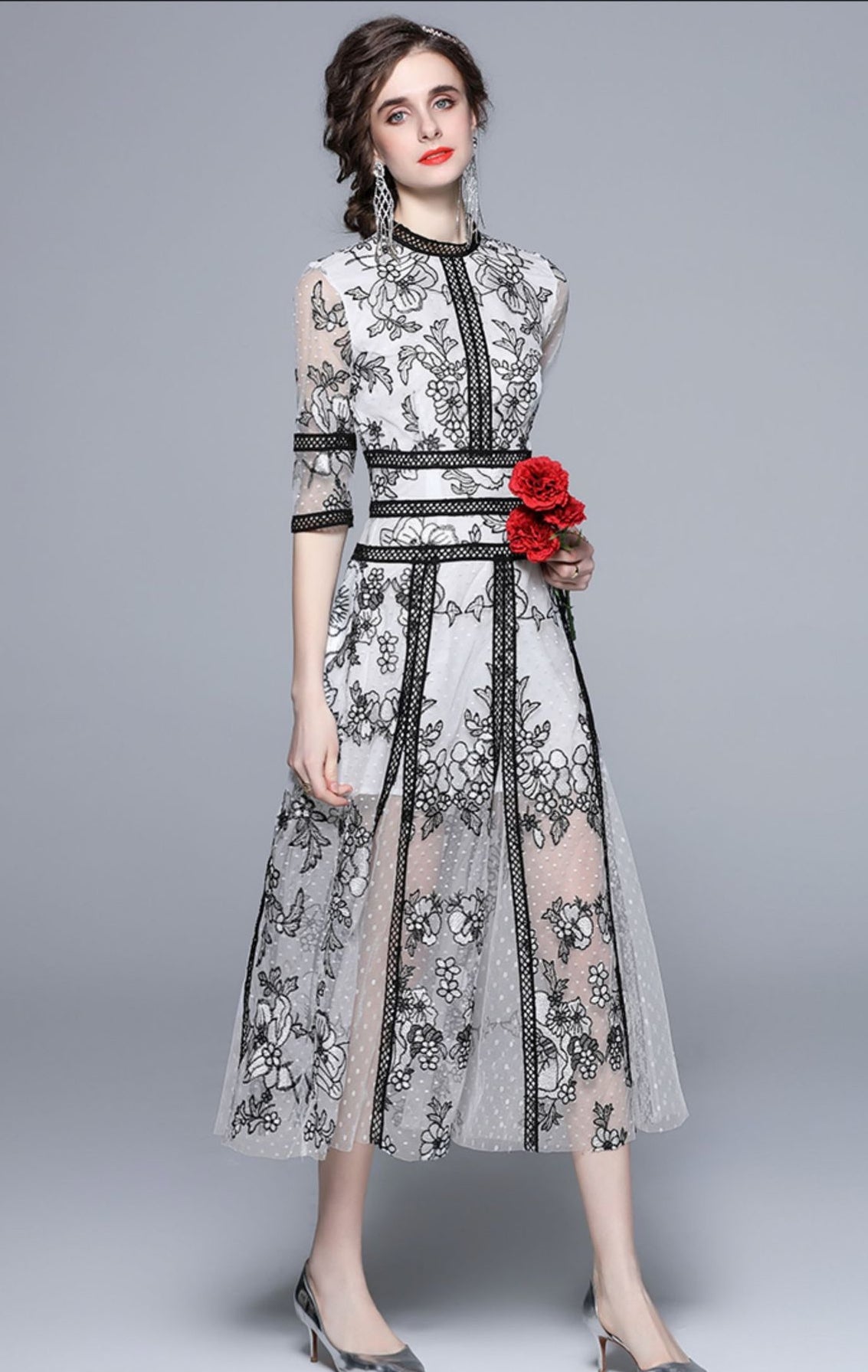 Embroidered Polka Dot Mesh and Lace White Black Dress  - 833884552896_BAS