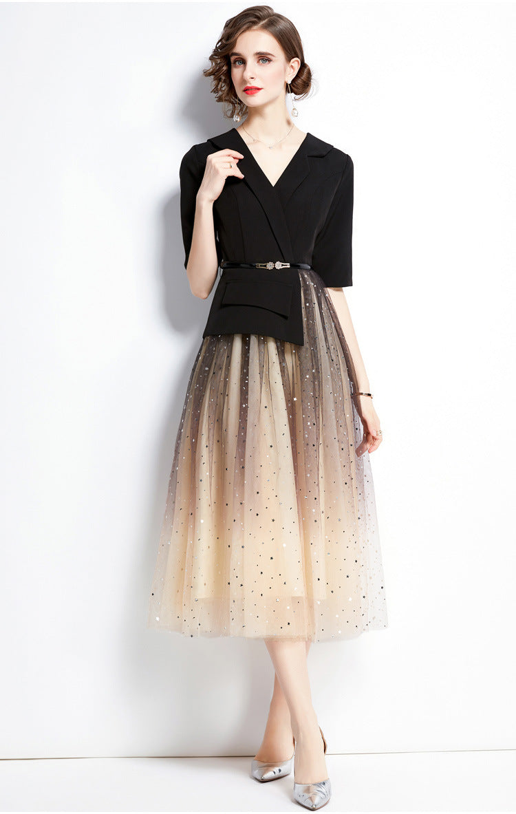Sequin Mesh Skirt And Jacket Dress With Belt - 651839166381_BAS