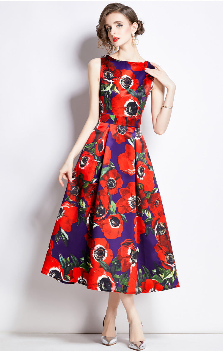 Sleeveless Boat Neck Fitted Vest Box Pleated Skirt Printed Satin Dress - 896#701