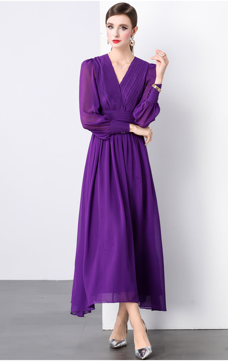 Lantern Sleeve Heat Set Pleated Bust Detailing V-Neck Chiffon Dress - 833281815952_PUR