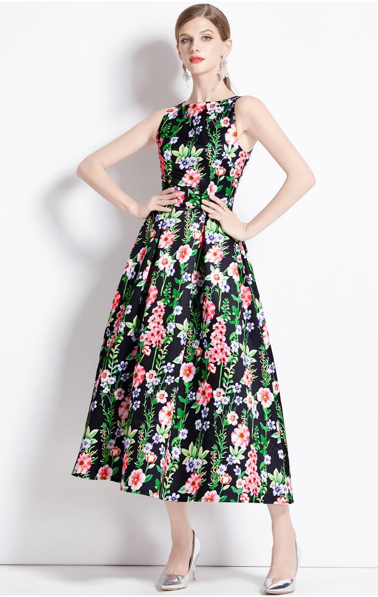 Sleeveless Boat Neck Fitted Vest Box Pleated Skirt Printed Satin Dress - 9080#701