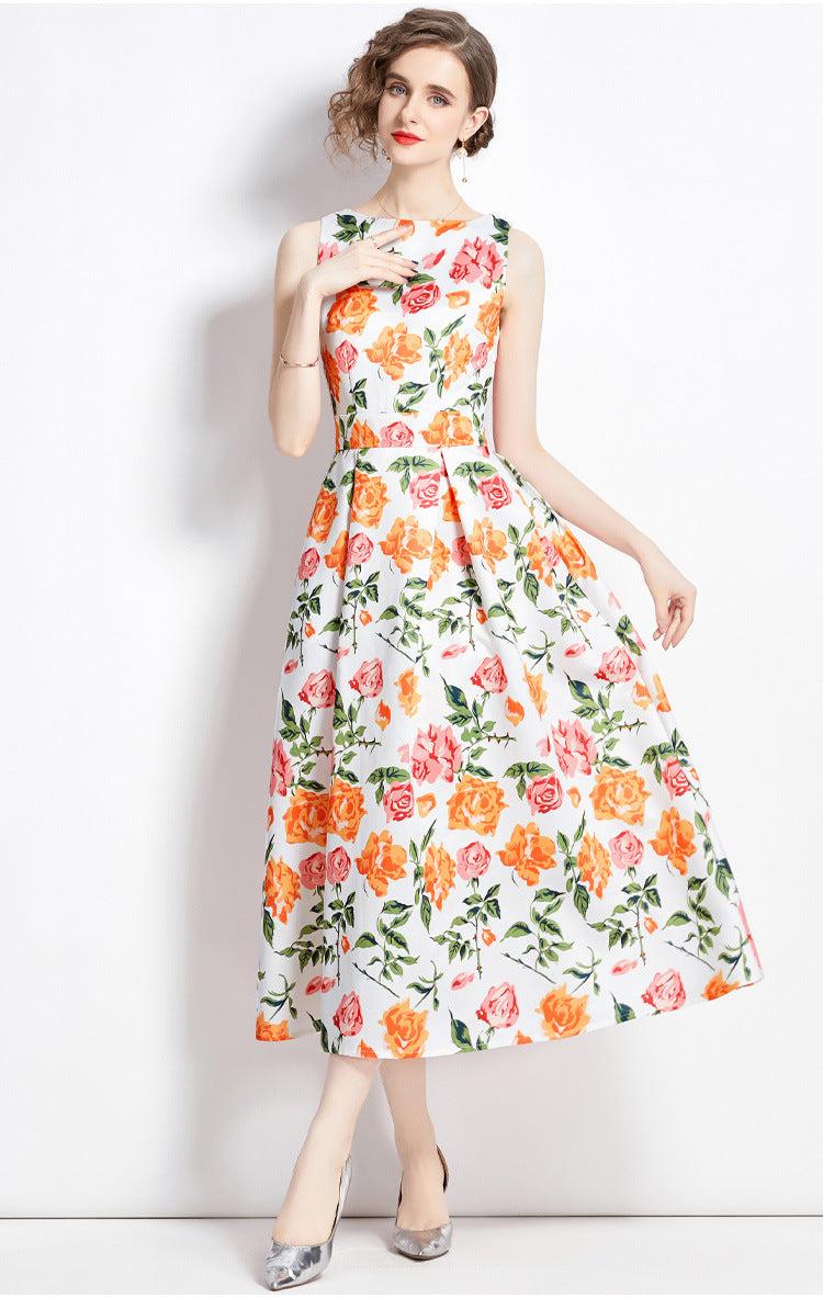 Sleeveless Boat Neck Fitted Vest Box Pleated Skirt Printed Satin Dress- 9053#701_BAS