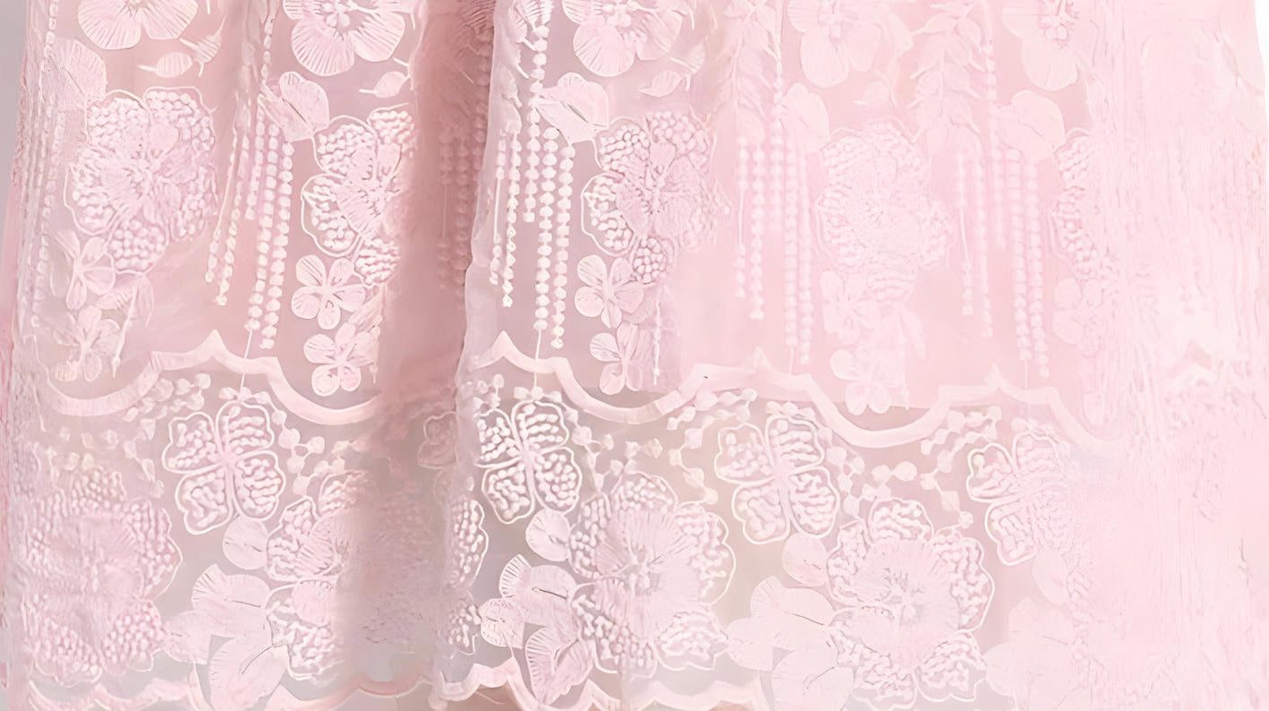 Embroidered French Lace Single Breasted Blouse and Skirt Two Piece Set - 8562#607_PINK (EOSS)