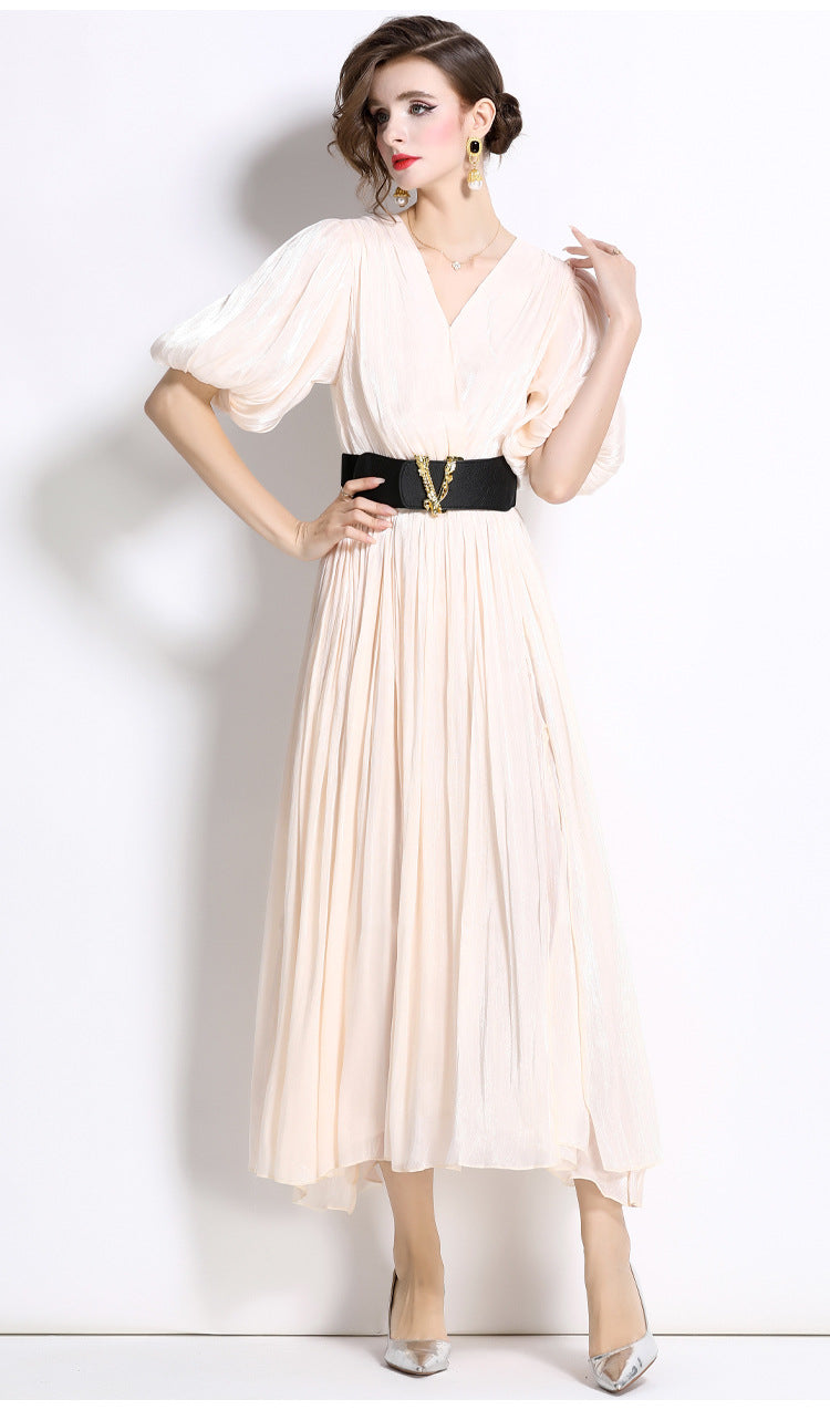 Glossy Pearlescent Chiffon Satin Fabric Lantern Sleeve Apricot Dress with Belt - 826775506412_BAS