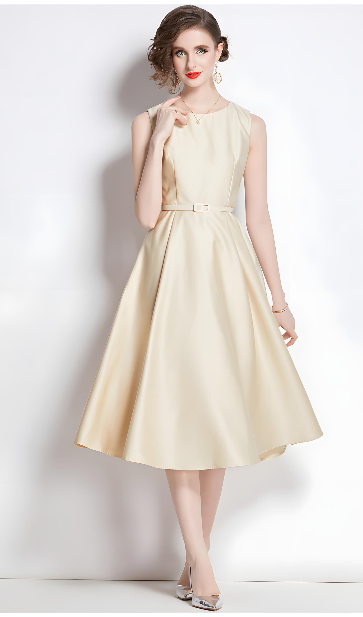 Princess Line Fitted Vest Apricot Sleeveless Satin Dress - 764153345733_BAS
