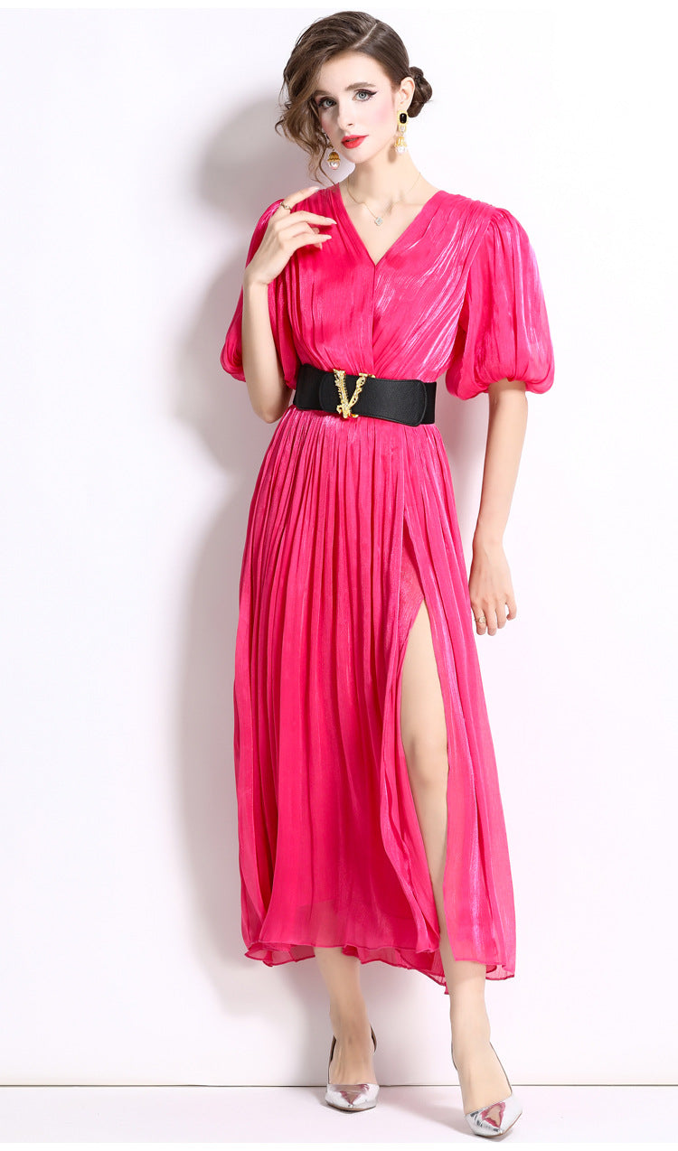 Glossy Pearlescent Chiffon Satin Fabric Lantern Sleeve Rose Red Dress with Belt - 826597659866_BAS