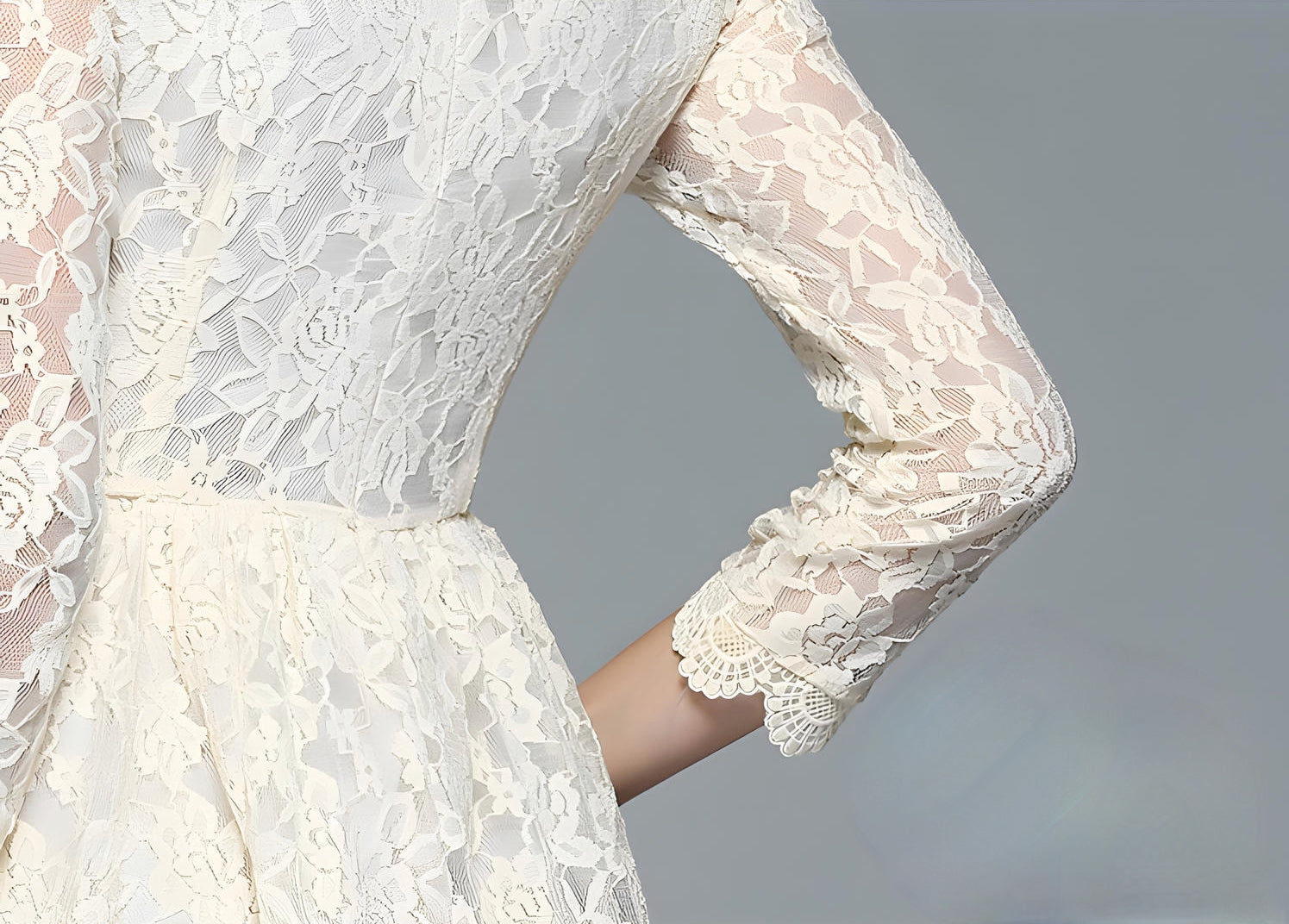 Luxury French Lace High Neck Retro White Dress - 752586637379