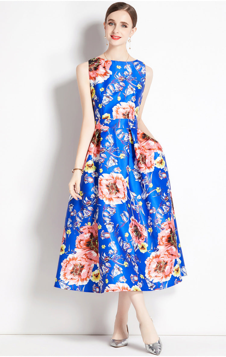 Sleeveless Boat Neck Fitted Vest Box Pleated Skirt Printed Satin Dress - 806#701_BAS