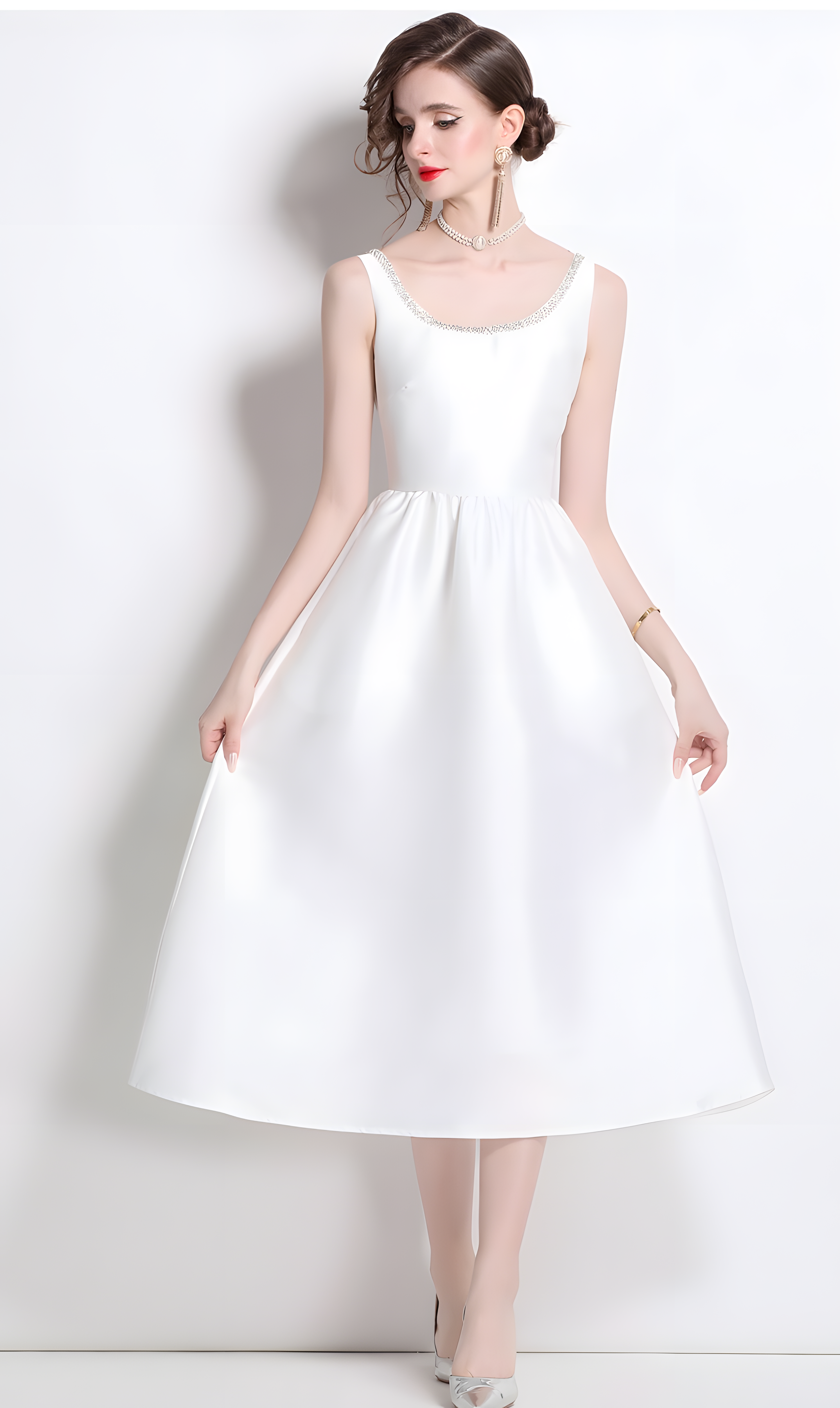 Fitted Vest Armhole Dart White Satin Dress With Jewel Embellished Neckline - 817042148843_BAS