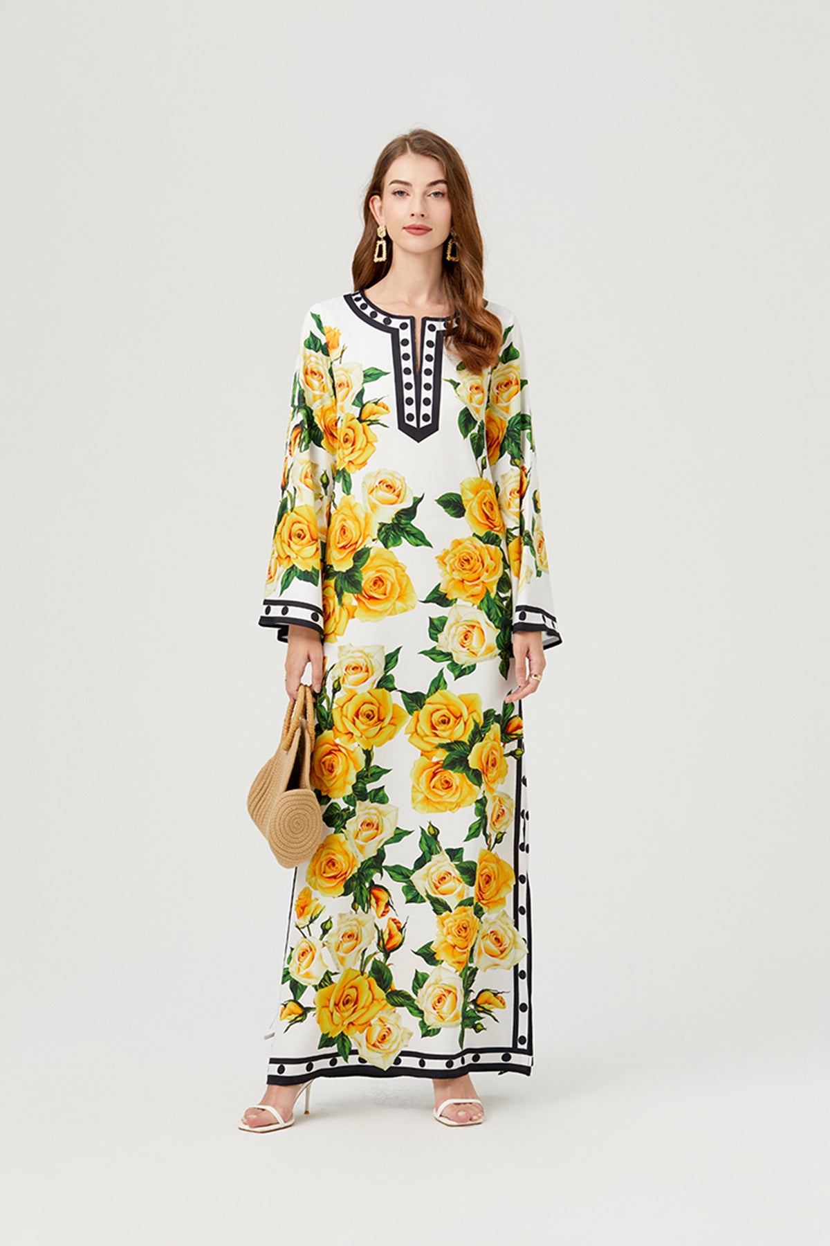 Golden Bloom Kaftan Black Dress with Vibrant Yellow Rose Floral Pattern - 818939592219_BLA
