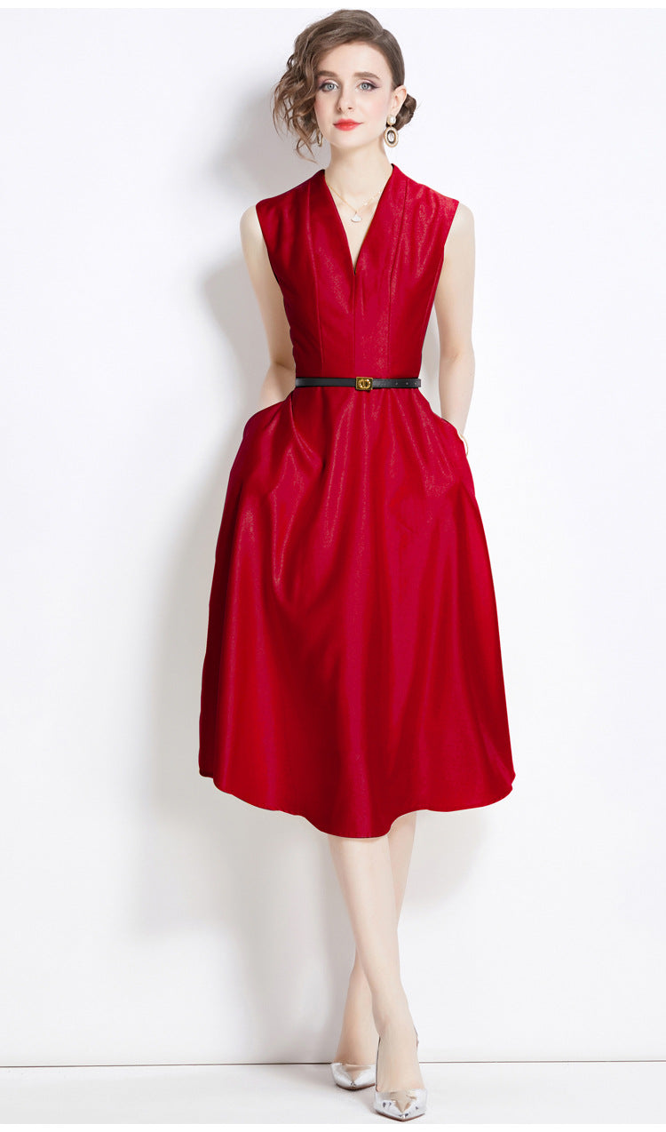 Sleeveless Halter Neck Fitted Vest Satin Solid Scarlet Dress With Belt - 5801#701_RED