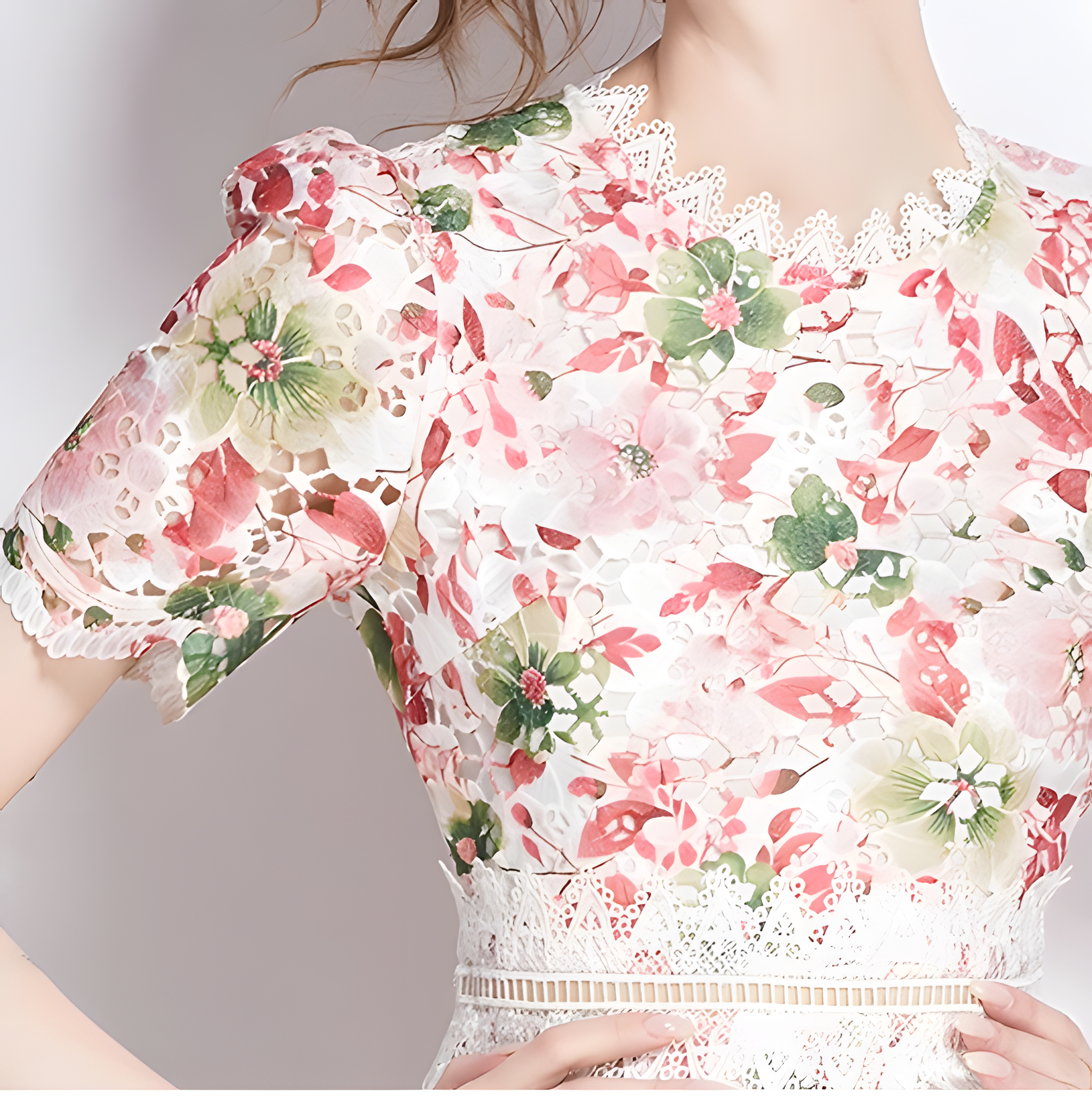 French Printed Flower Lace Jewel Neckline Retro Dress - 795256872065_BAS