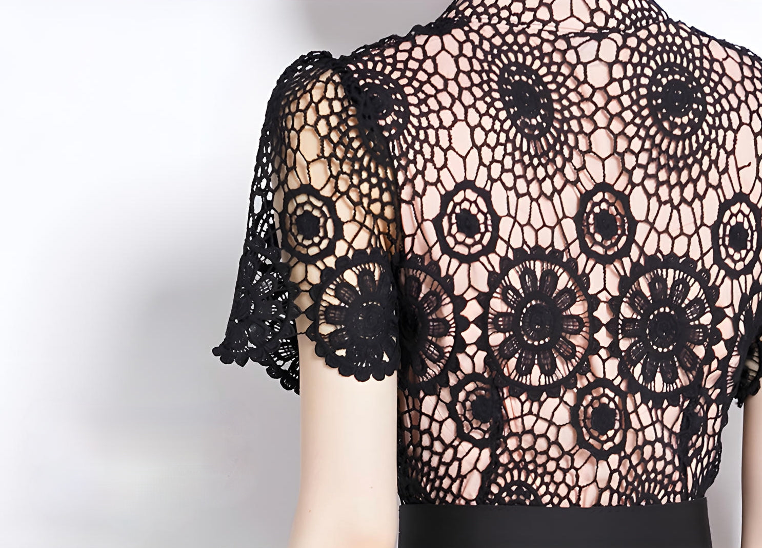 Luxury French Lace High Neck Front Button Black Dress With Belt - 500#609_BLA