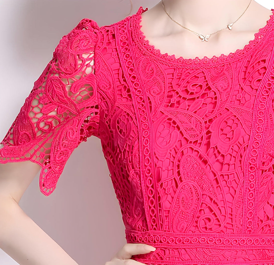 Crew Neck French Lace Rose Red Dress - 799906103340_BAS