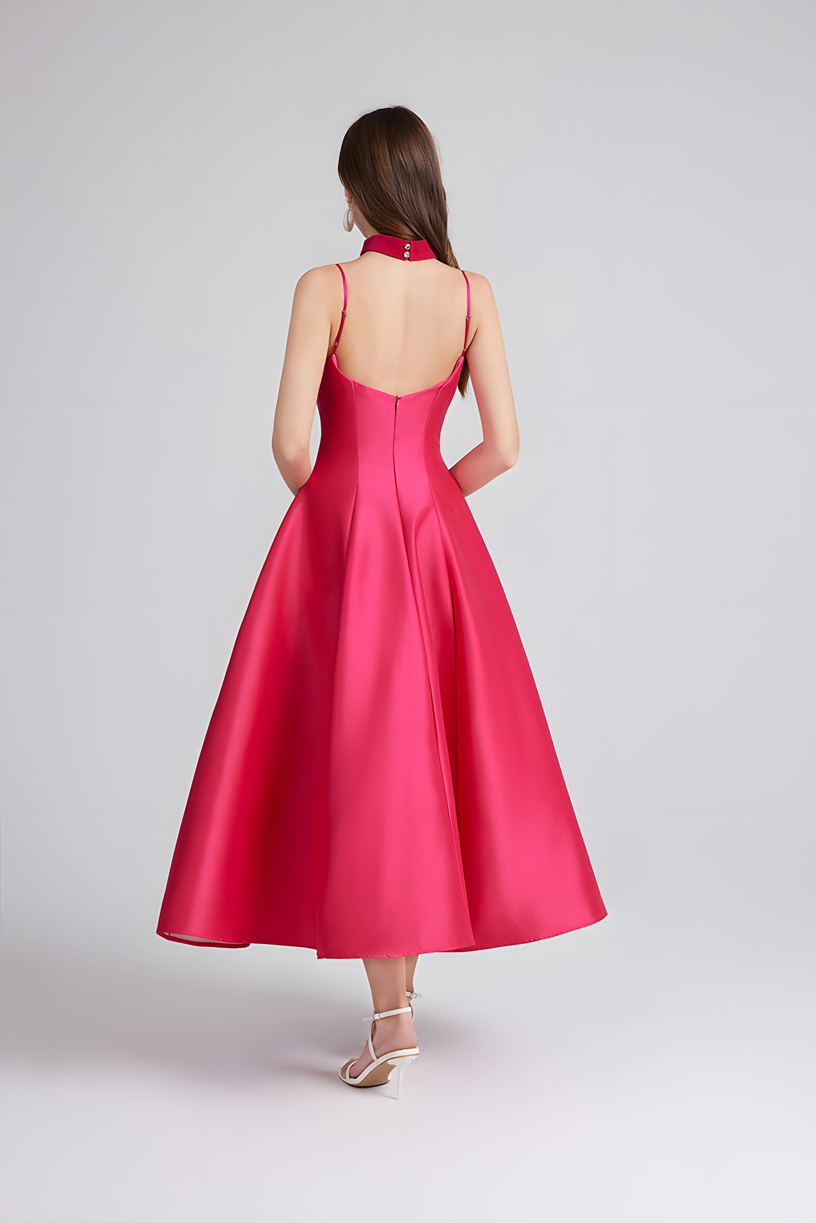 Sweetheart Neckline Rose Red Satin Party Dress with a Hepburn-Style Skirt Fitted Bodice and Neck Band - 800116697016_ROS