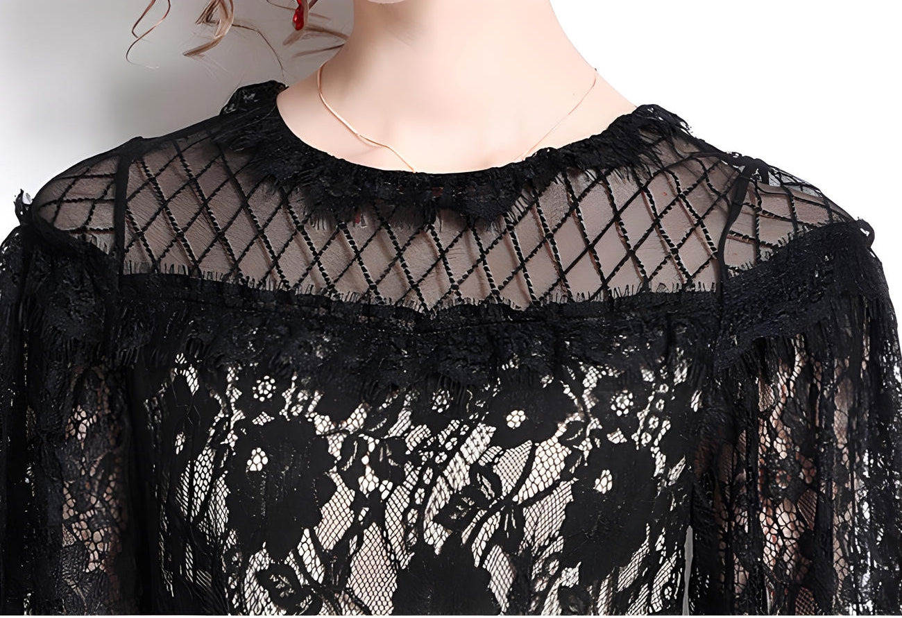 Luxury French Layered Lace Round Neck Midi Black Dress - 8993607