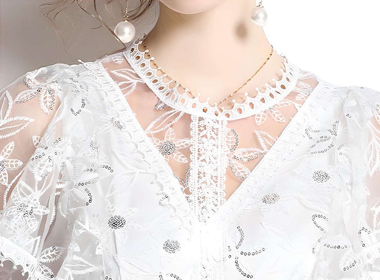 Luxury Silk Thread Embroidery Mesh and Lace Butterfly Sleeve White Dress With Sequin Flowers - 6559607
