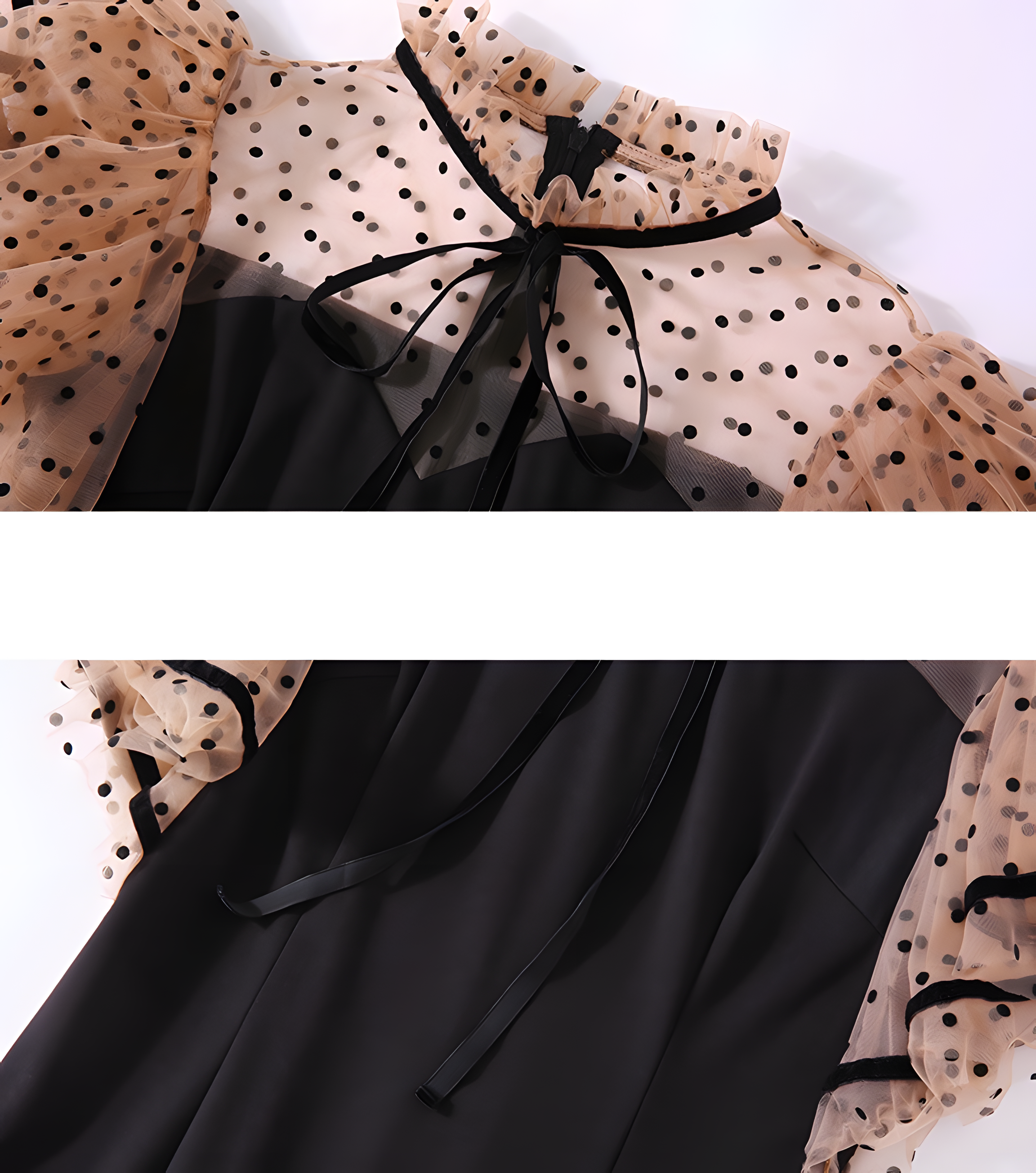 Butterfly Sleeve Satin Neck Bow Tie High Neck Polka Dot Mesh Black Sheath Dress - 618102369324_BAS
