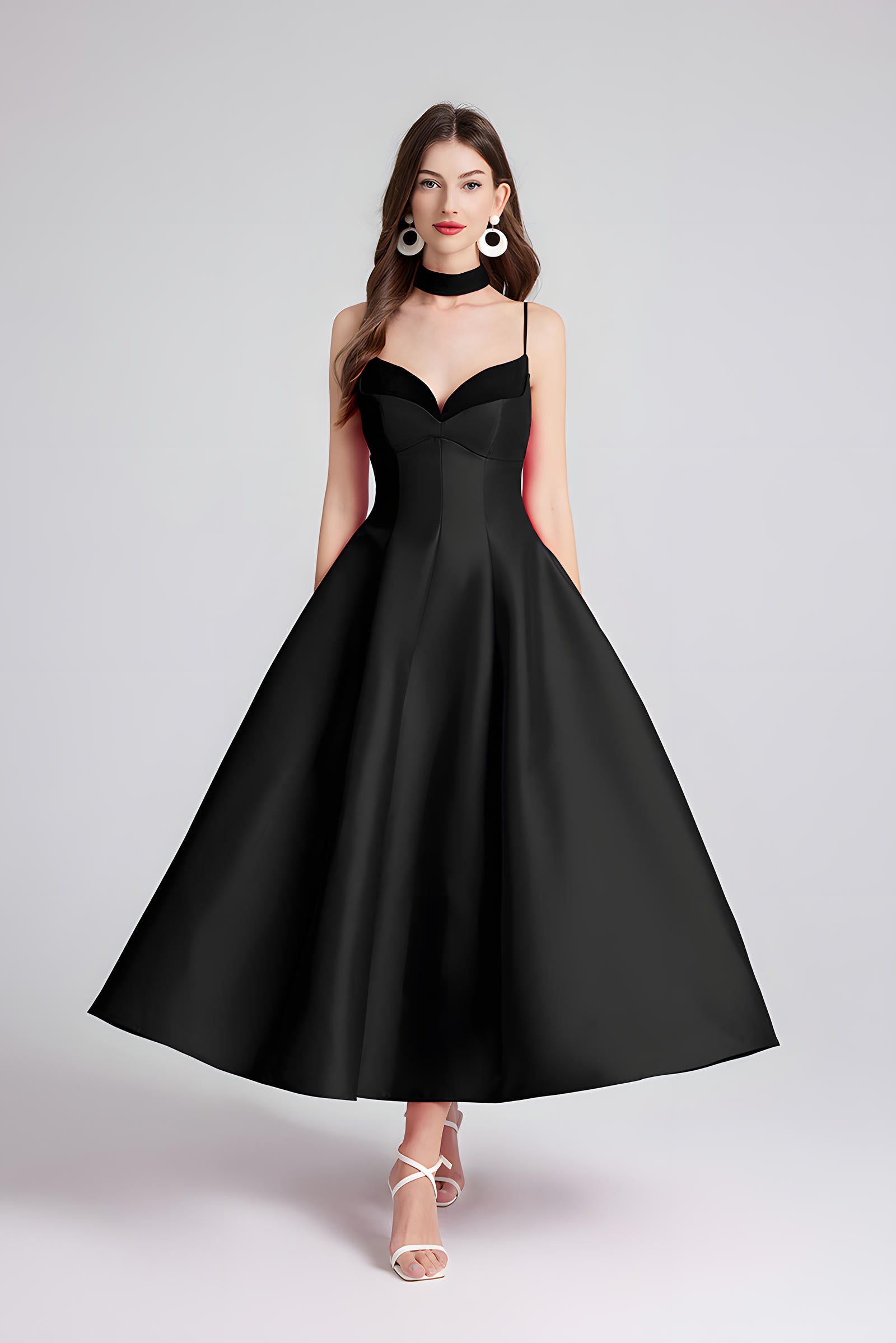 Sweetheart Neckline Black Party Satin Dress with a Hepburn-Style Skirt Fitted Bodice and Neck Band - 800116697016_BLA