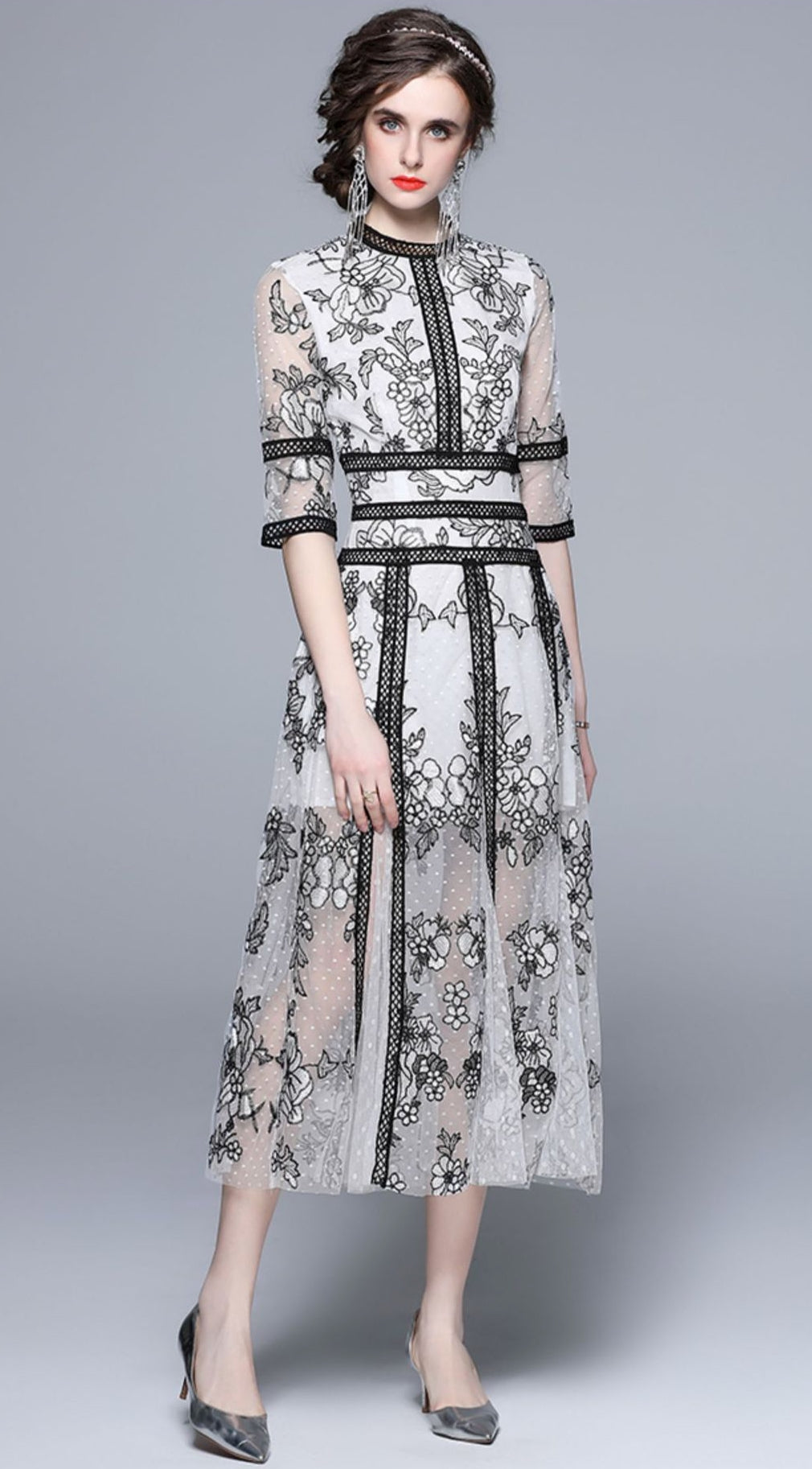 Embroidered Polka Dot Mesh and Lace White Black Dress  - 833884552896_BAS