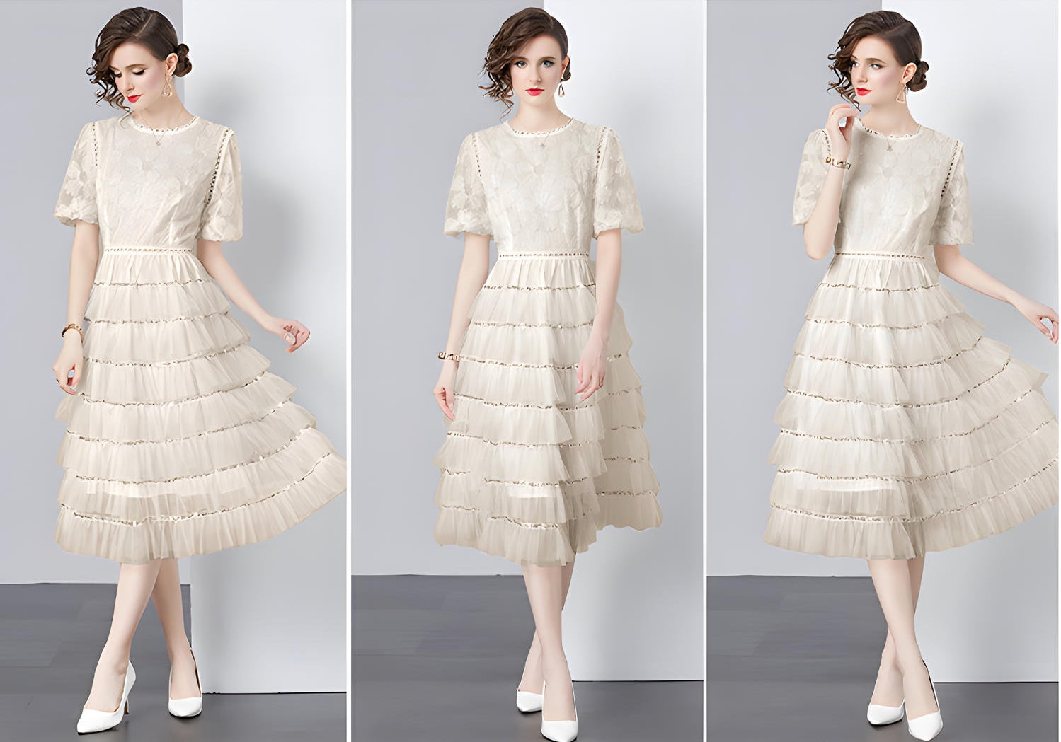 Multilayer Sequinned Mesh Skirt Flower Embroidered Vest Dress - 787365833312_BEI (EOSS)