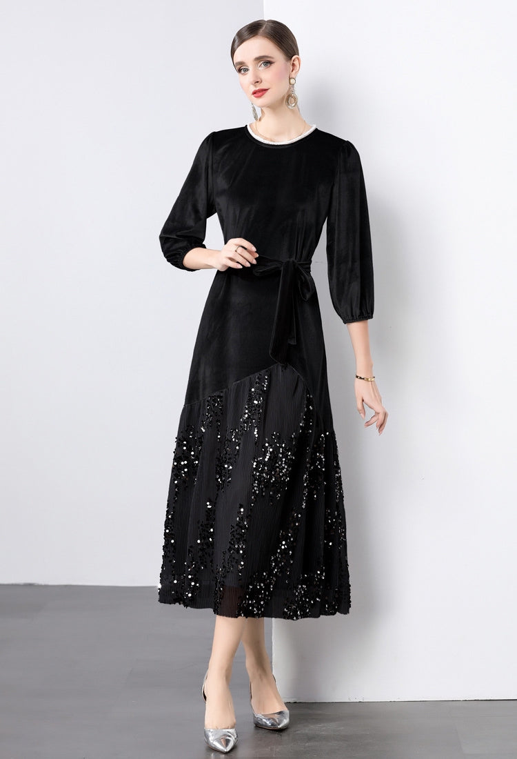 Velvet Mesh and Sequin Embellished Dress - 855932949530_BLACK
