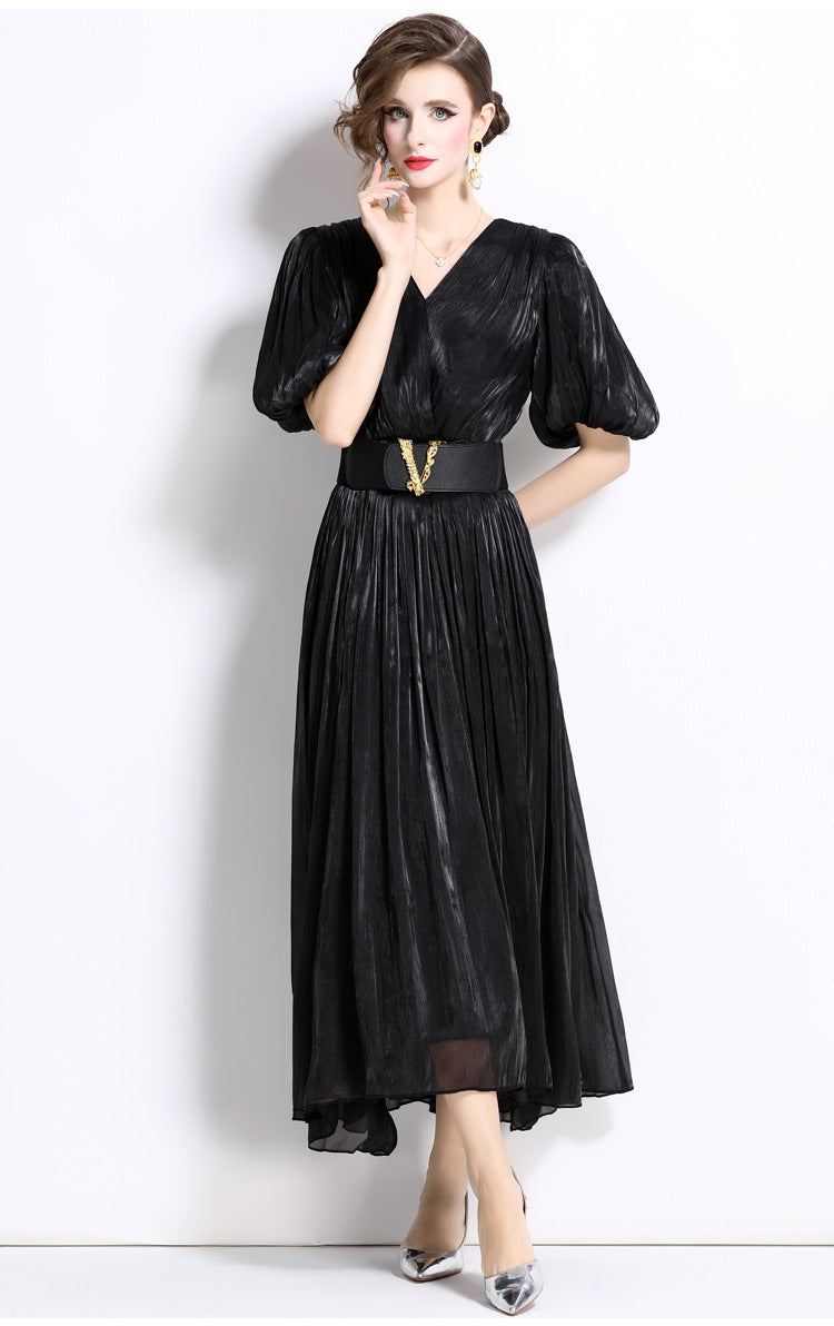 Glossy Pearlescent Chiffon Satin Fabric Lantern Sleeve Black Dress with Belt - 826775506420_BAS