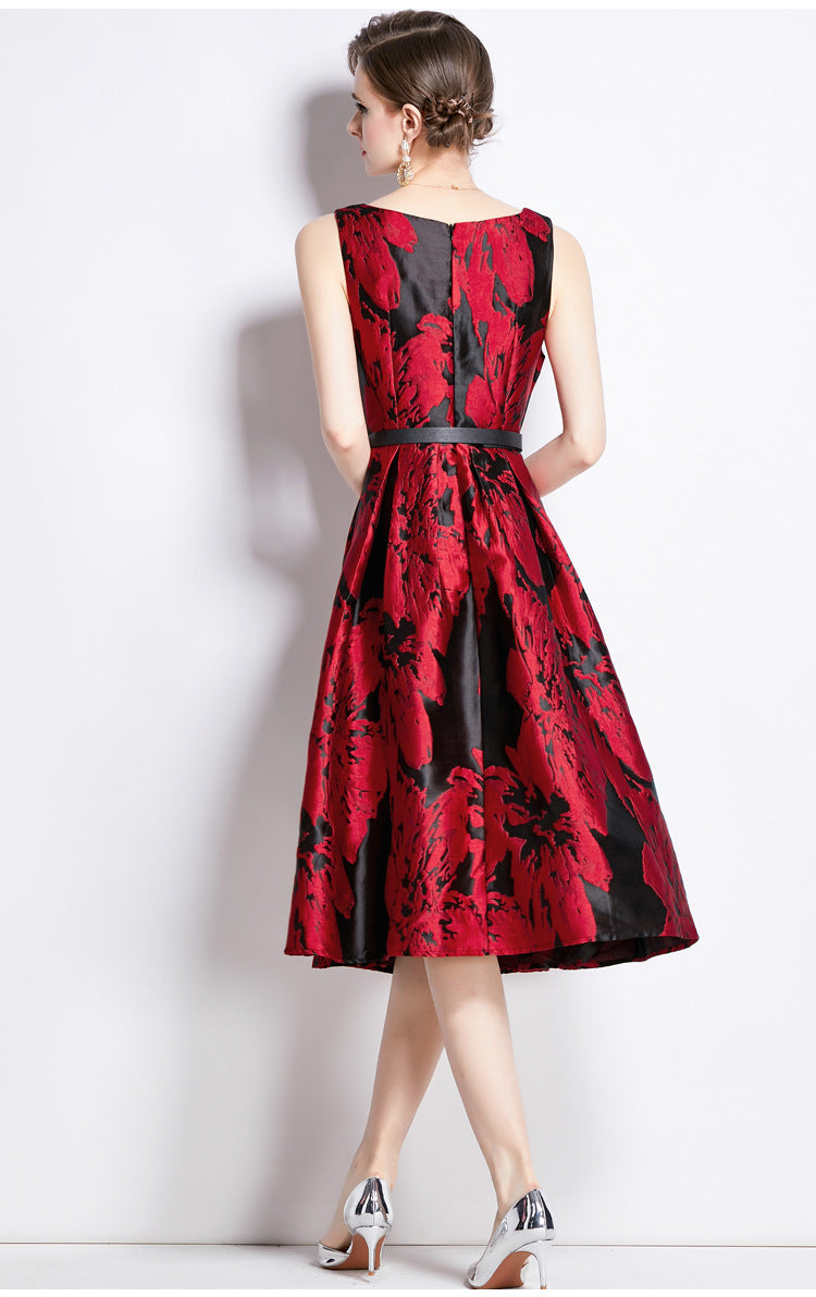 Women Sleeveless Square Neck Self Texture Jacquard Pleated Fitted Dress - 764053260724 (EOSS)