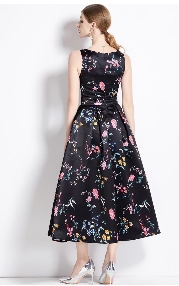 Sleeveless Boat Neck Fitted Vest Box Pleated Skirt Printed Satin Dress - 9088#701