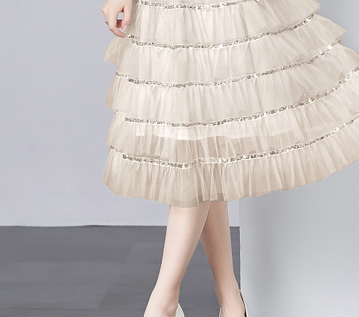 Multilayer Sequinned Mesh Skirt Flower Embroidered Vest Dress - 787365833312_BEI (EOSS)