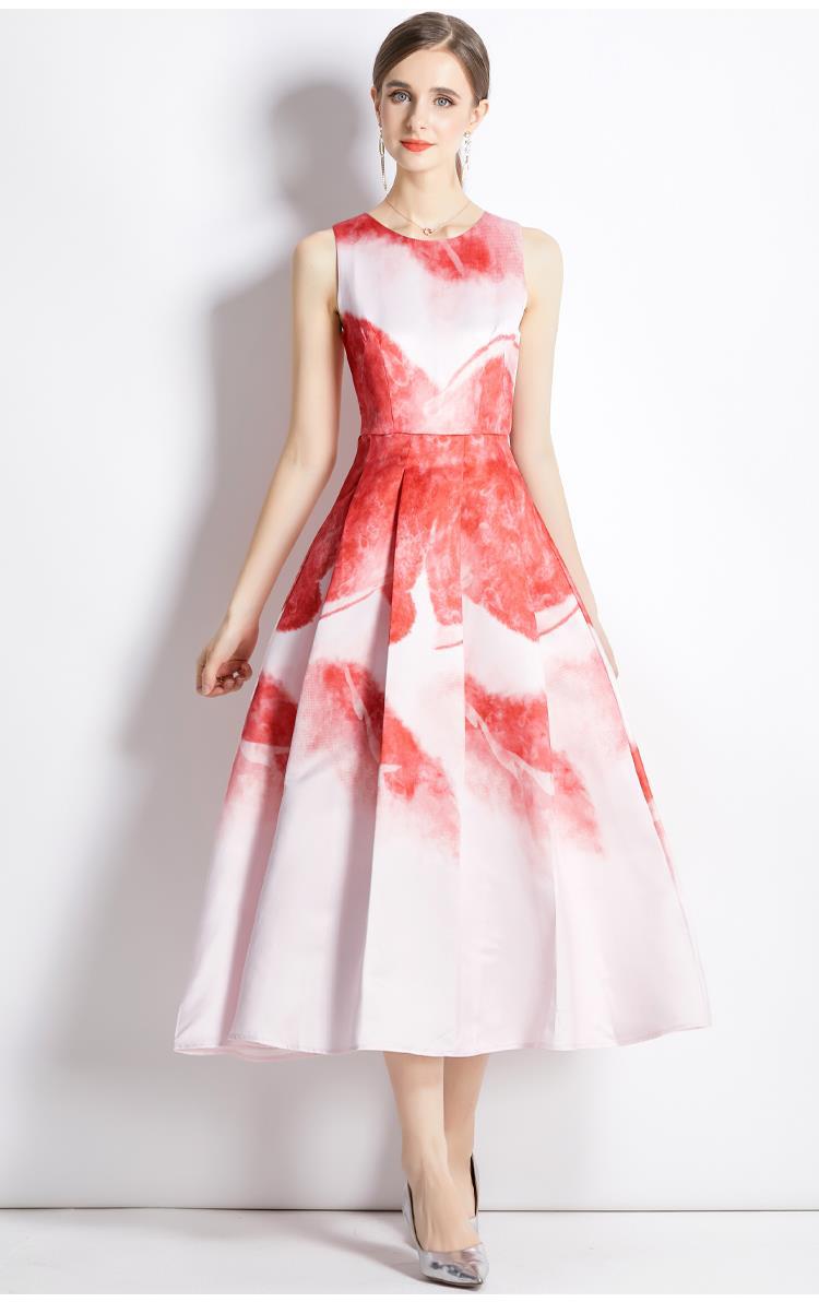 Sleeveless Boat Neck Fitted Vest Box Pleated Skirt Printed Satin Dress - 6182701