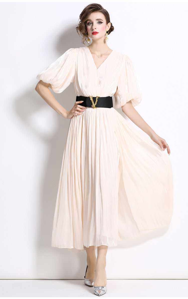 Glossy Pearlescent Chiffon Satin Fabric Lantern Sleeve Apricot Dress with Belt - 826775506412_BAS