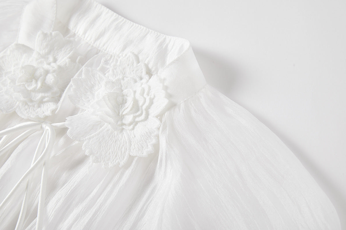 French Lace Floral Embellished Maxi Beach Dress with Lace Eyelash Sling And Bottoming Skirt - 834067027238