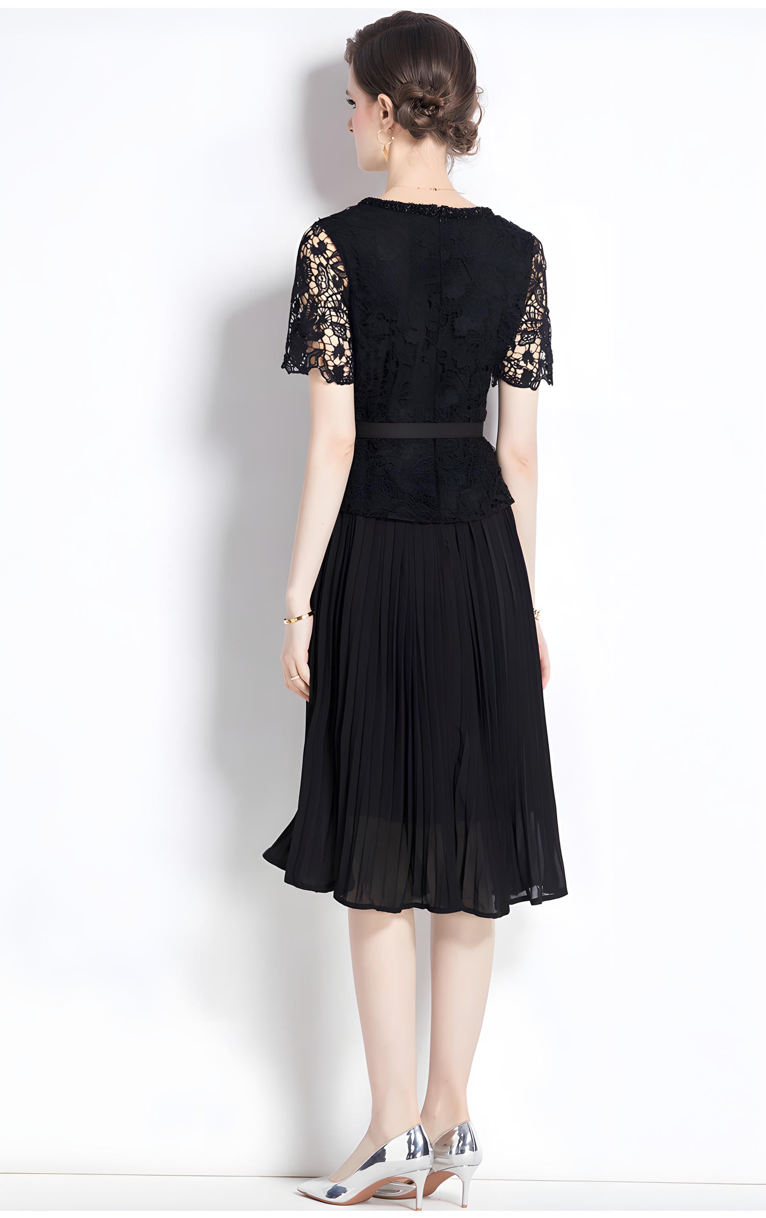 French Lace Jacket Top Pleated Skirt Black Dress With Belt - 781984834483_BAS