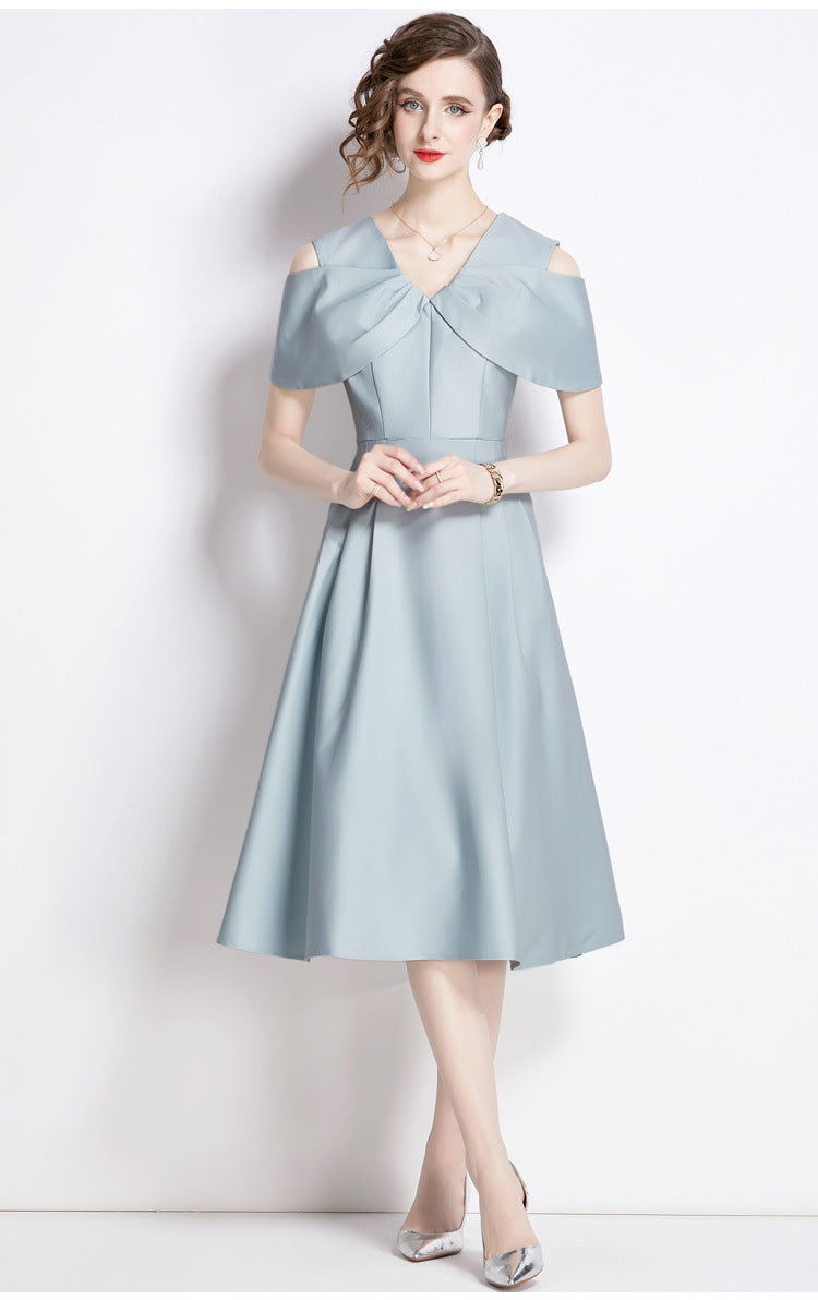 Off Shoulder V - Neck Fitted Vest Tucked Pleats Skirt Slate Blue Solid Satin Dress - NRJ-701A#1645_1