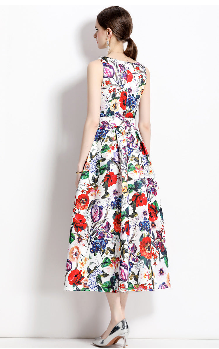 Sleeveless Boat Neck Fitted Vest Box Pleated Skirt Printed Satin Dress - 710550577474_BAS