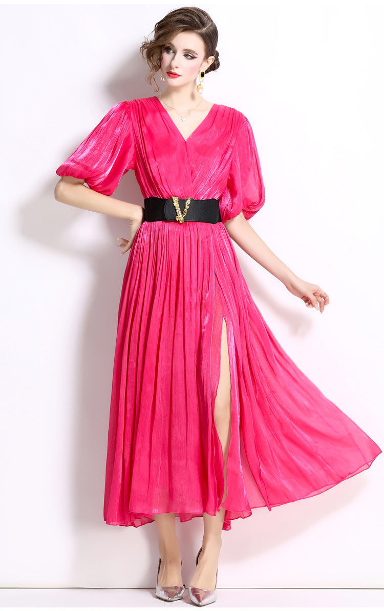 Glossy Pearlescent Chiffon Satin Fabric Lantern Sleeve Rose Red Dress with Belt - 826597659866_BAS