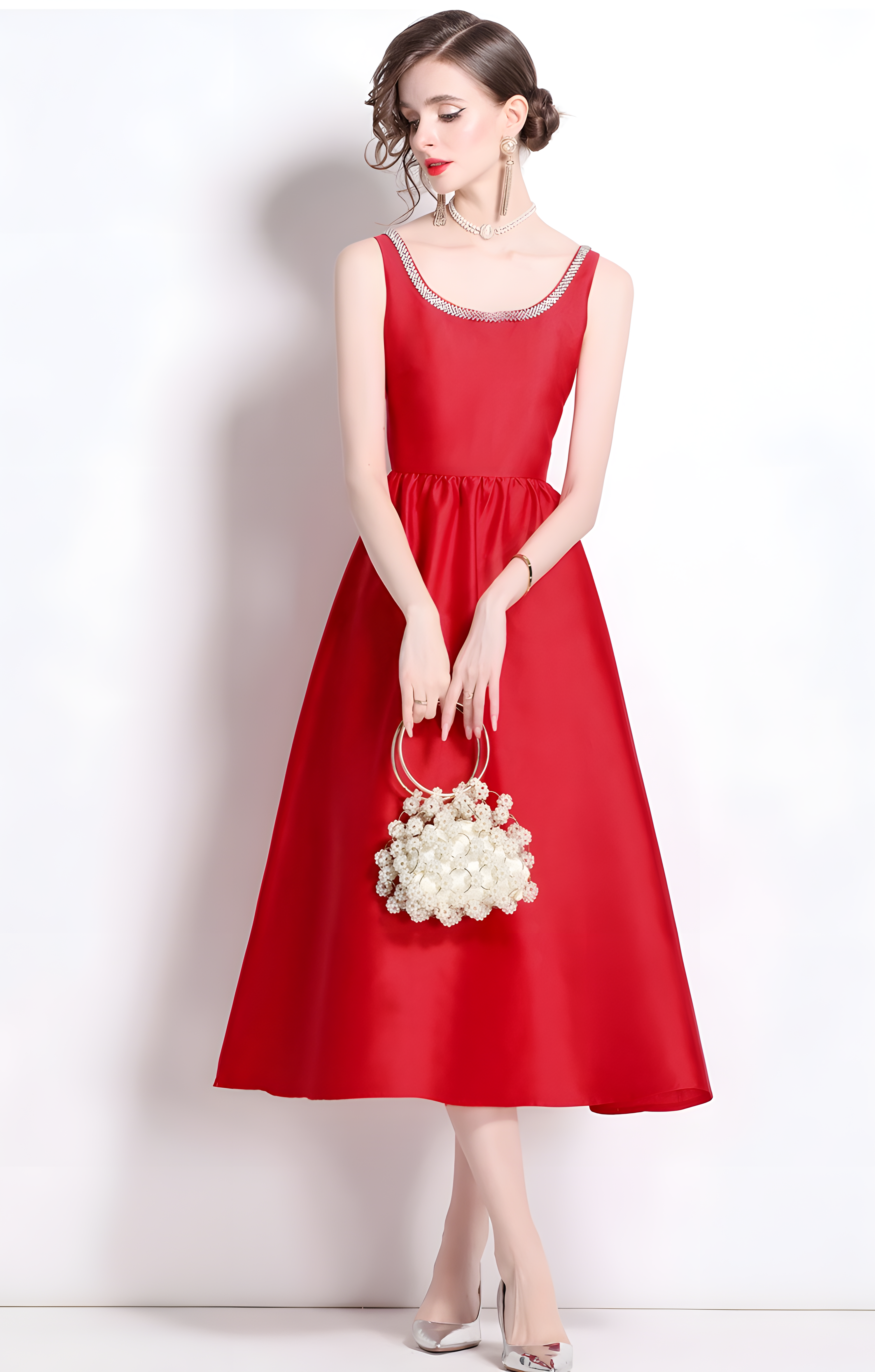 Fitted Vest Armhole Dart Red Satin Dress With Jewel Embellished Neckline - 816757242555_BAS