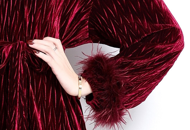 Diamond Embellished Heat Set Self Texture Velvet Dress - 855961209321_CLARET