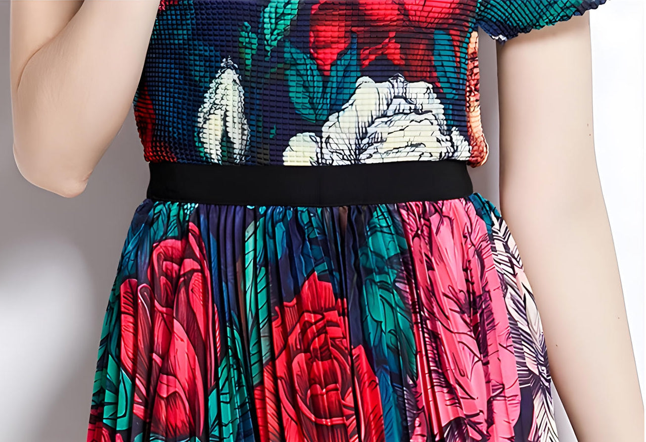 Floral Symphony Miyaki Fold Blouse Pleated Skirt Two Piece Chiffon Set - 777097211005_BAS