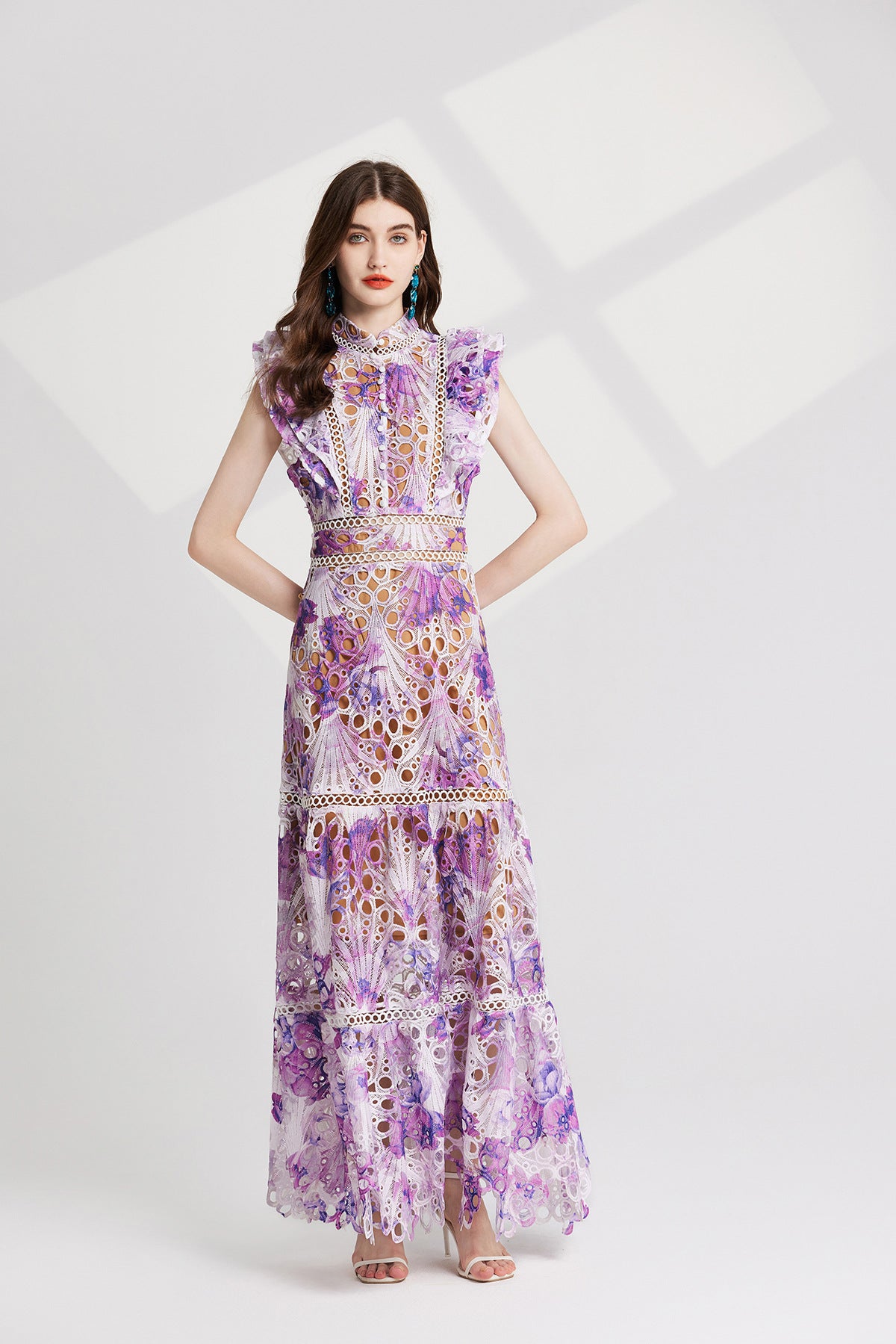 Luxury French Lace Purple Long Dress With Flutter Sleeve - 827491131616_PUR