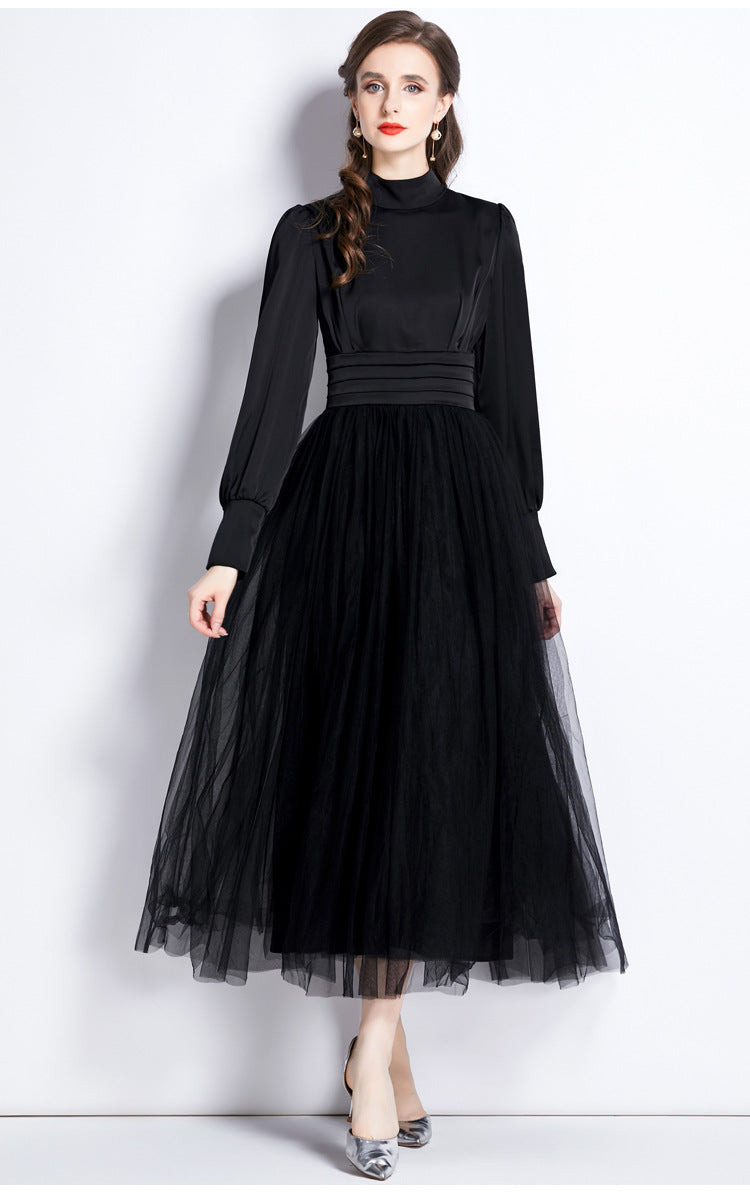Stand Collar Pleated Vest Satin Blouse Mesh Skirt One Piece Black Dress - 741913477593_BAS
