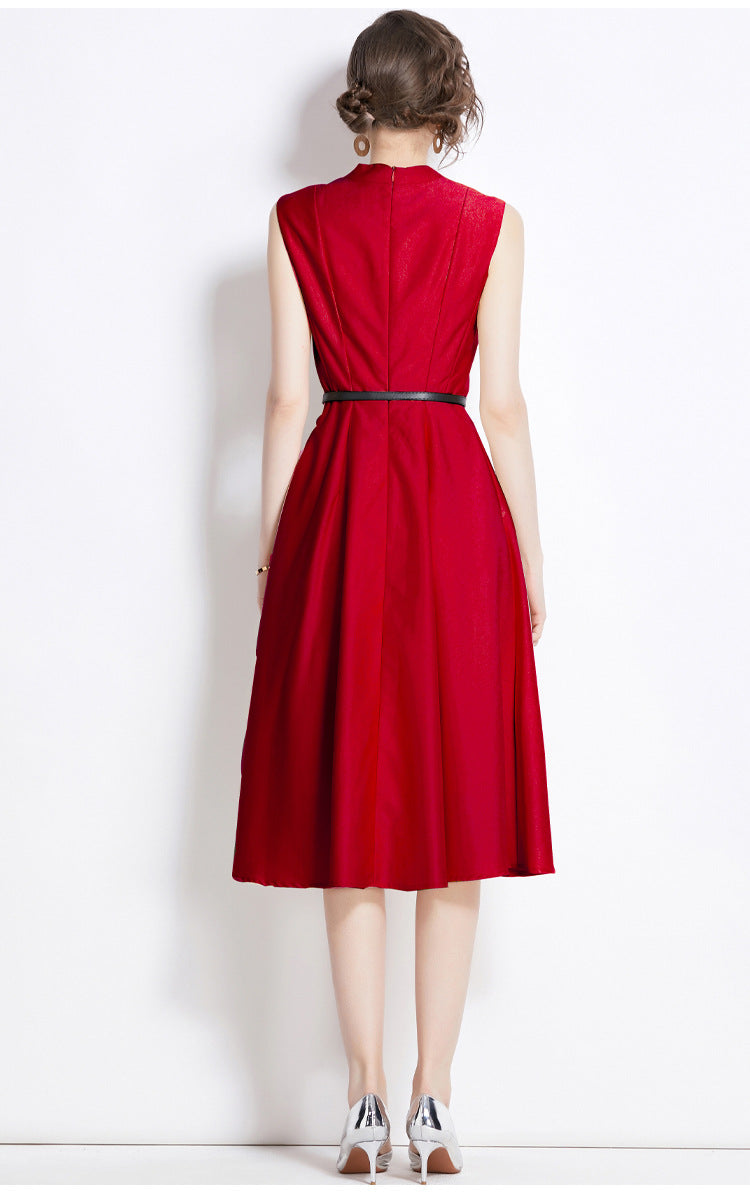 Sleeveless Halter Neck Fitted Vest Satin Solid Scarlet Dress With Belt - 5801#701_RED
