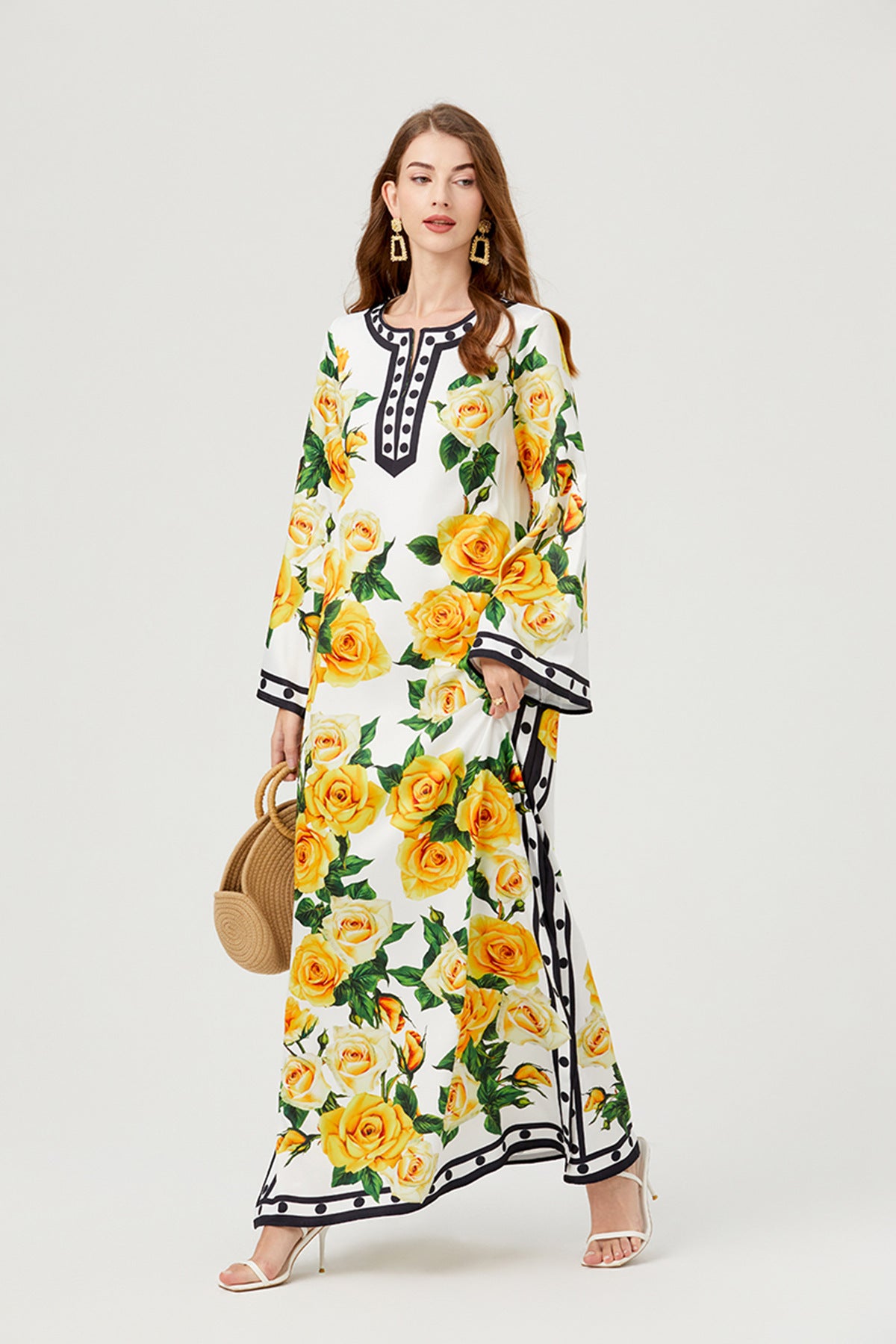 Golden Bloom Kaftan Black Dress with Vibrant Yellow Rose Floral Pattern - 818939592219_BLA