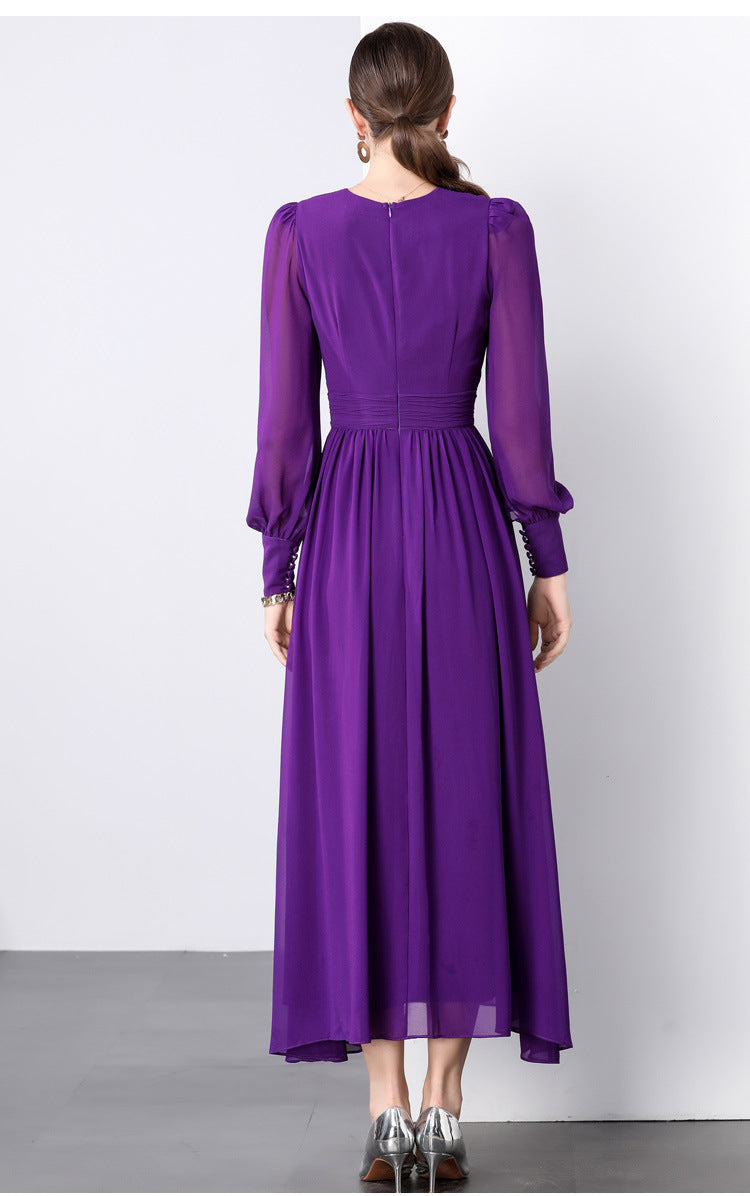 Lantern Sleeve Heat Set Pleated Bust Detailing V-Neck Chiffon Dress - 833281815952_PUR