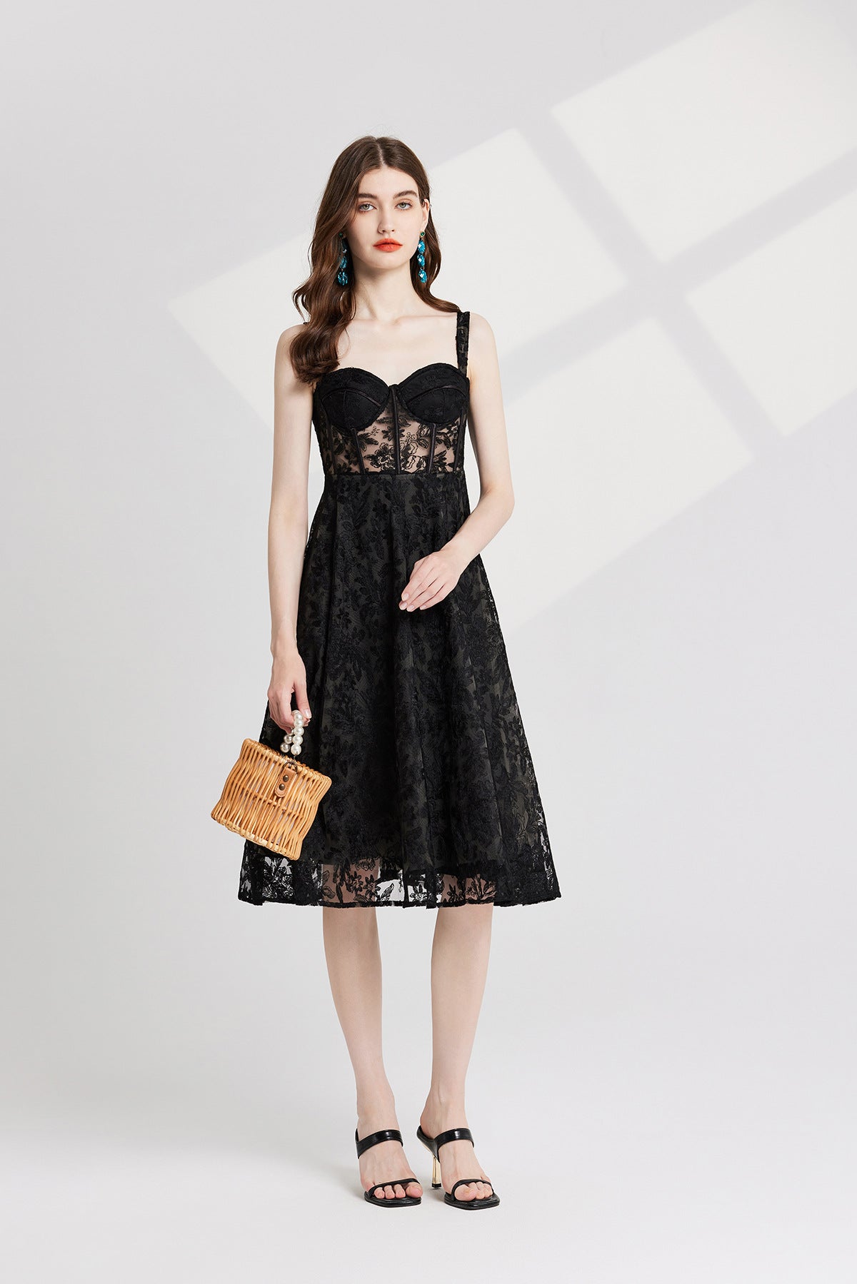 Black Lace Garden Dress with Heavy Embroidered Mesh Flocking and Corset Top - 821764686977_BLA
