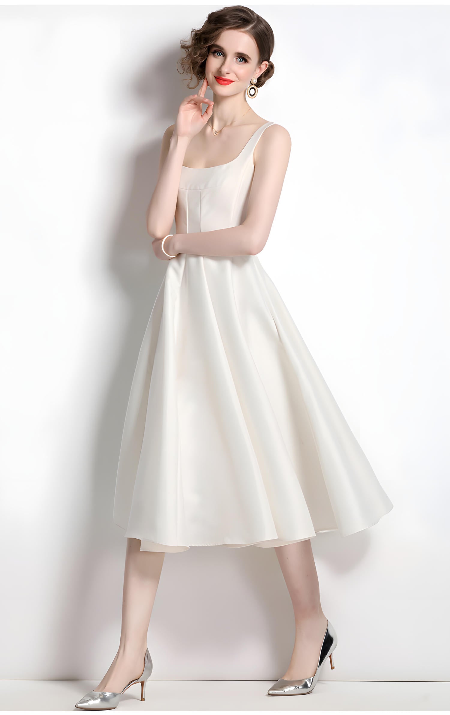 Retro Style Hepburn Skirt Fitted Vest Suspender White Satin Dress - 709210134751_BAS