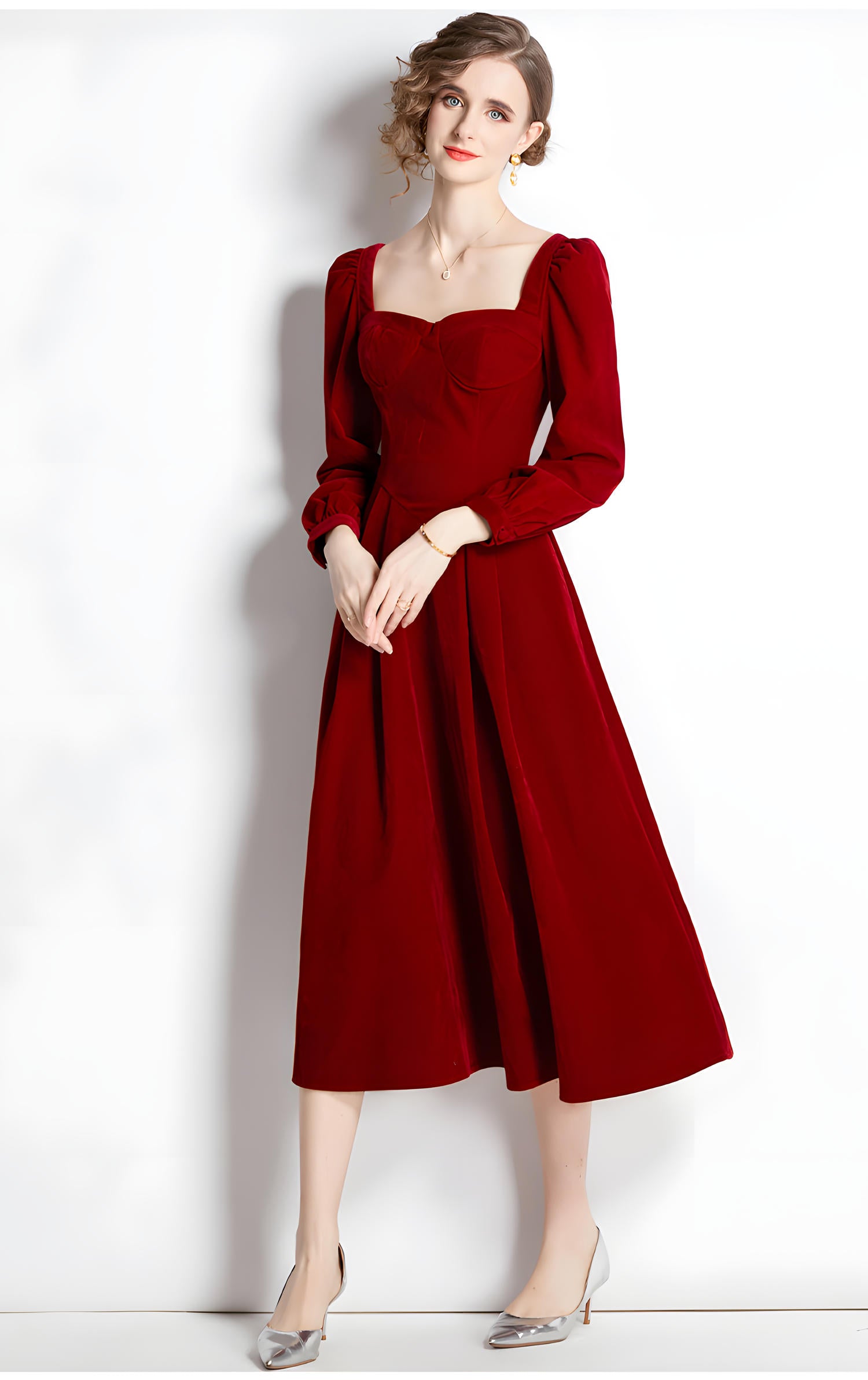 French Retro Sweetheart Neckline Corset Top Full Sleeves Pleated Skirt Velvet Scarlet Dress - 687113837683_SCA